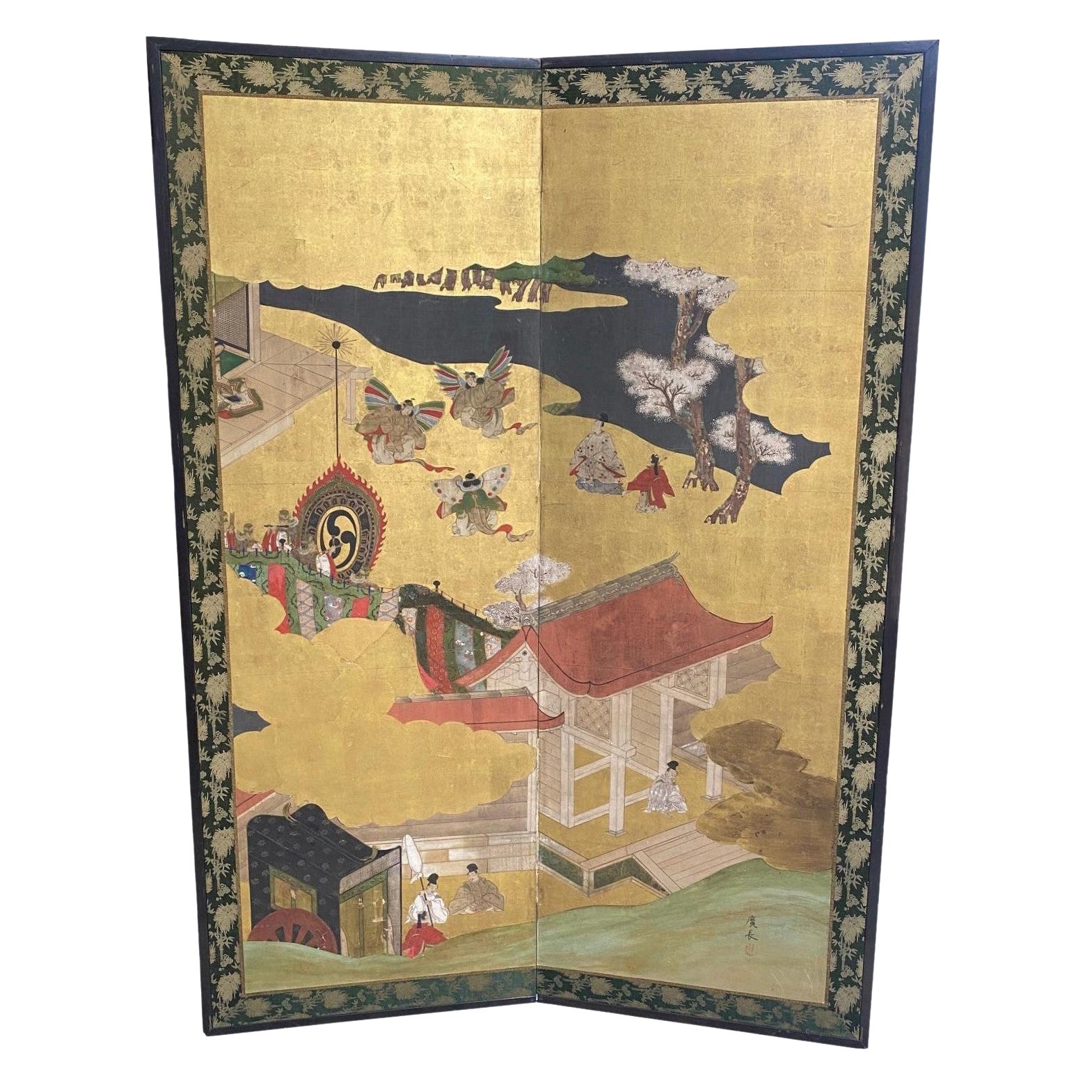 Japanese Asian Signed Two-Panel Folding Byobu Showa Screen Tales of the Genji