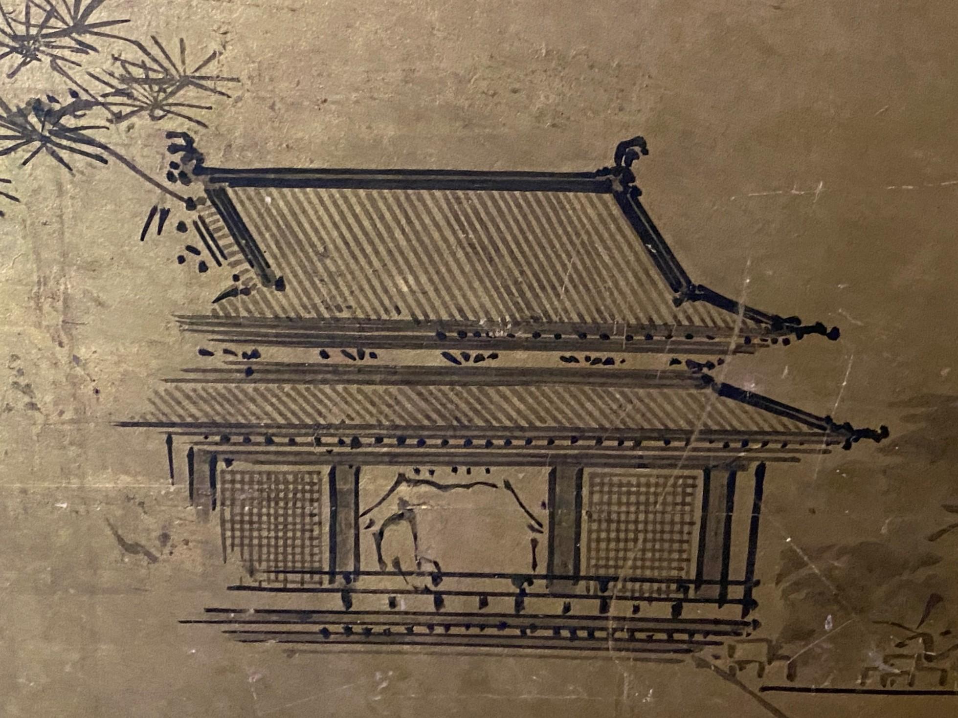 Japanisch Asiatisch Signiert Zwei Panel Meiiji Edo Folding Byobu Landschaft Haus Bildschirm im Angebot 4