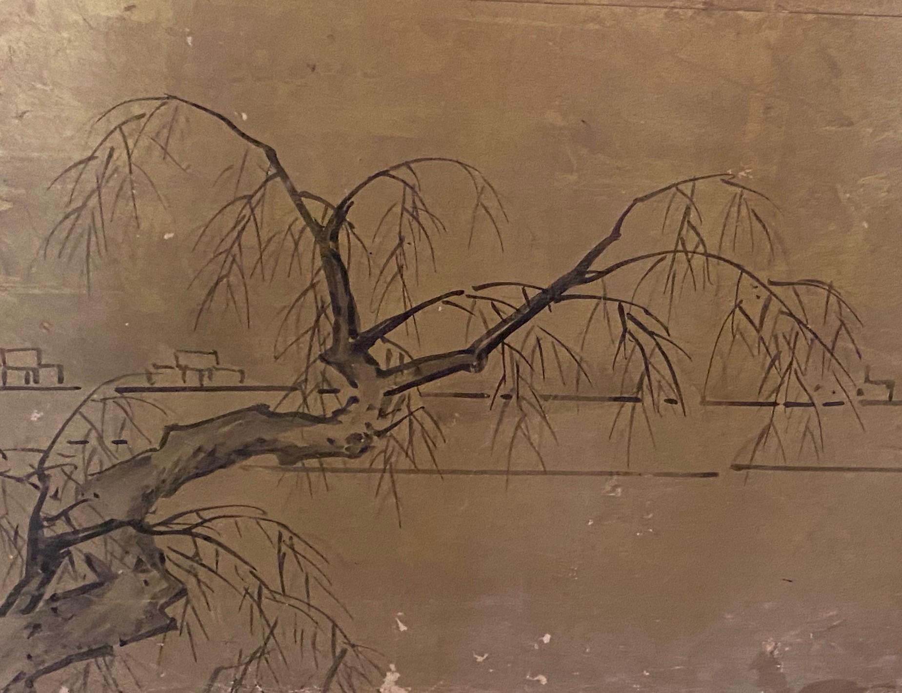 Japanisch Asiatisch Signiert Zwei Panel Meiiji Edo Folding Byobu Landschaft Haus Bildschirm im Angebot 6