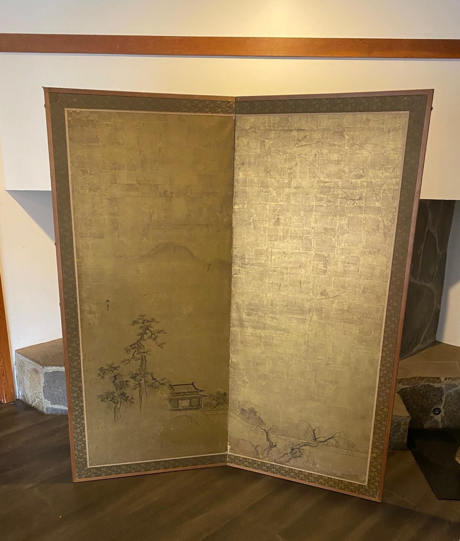 Japanisch Asiatisch Signiert Zwei Panel Meiiji Edo Folding Byobu Landschaft Haus Bildschirm im Angebot 10