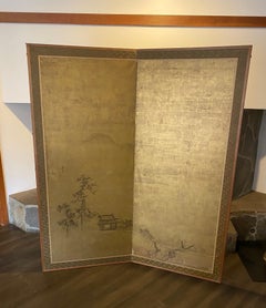 Japanese Asian Signed Two Panel Meiji Edo Folding Byobu Landscape House Screen