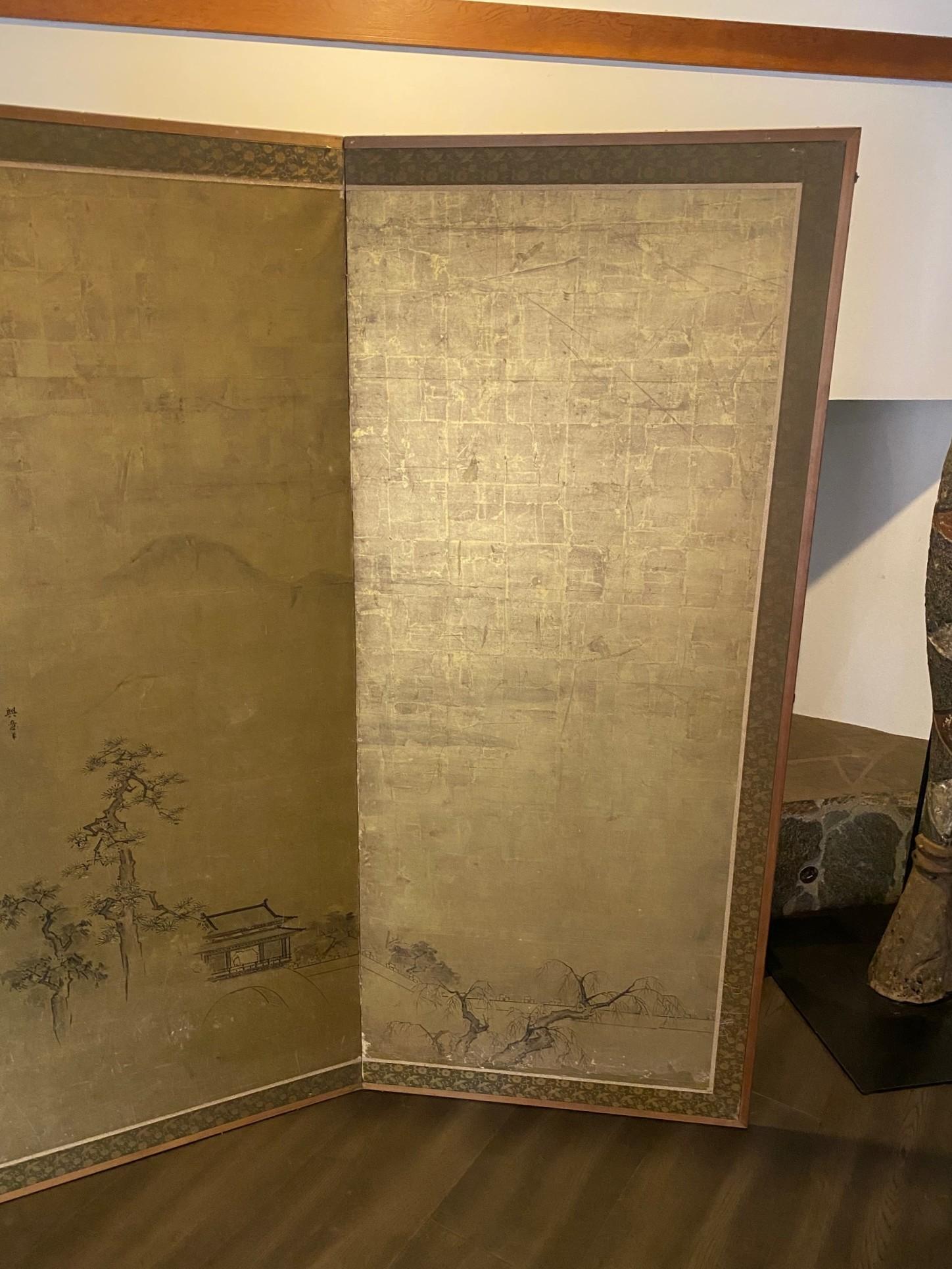 Japanisch Asiatisch Signiert Zwei Panel Meiiji Edo Folding Byobu Landschaft Haus Bildschirm (Meiji-Periode) im Angebot
