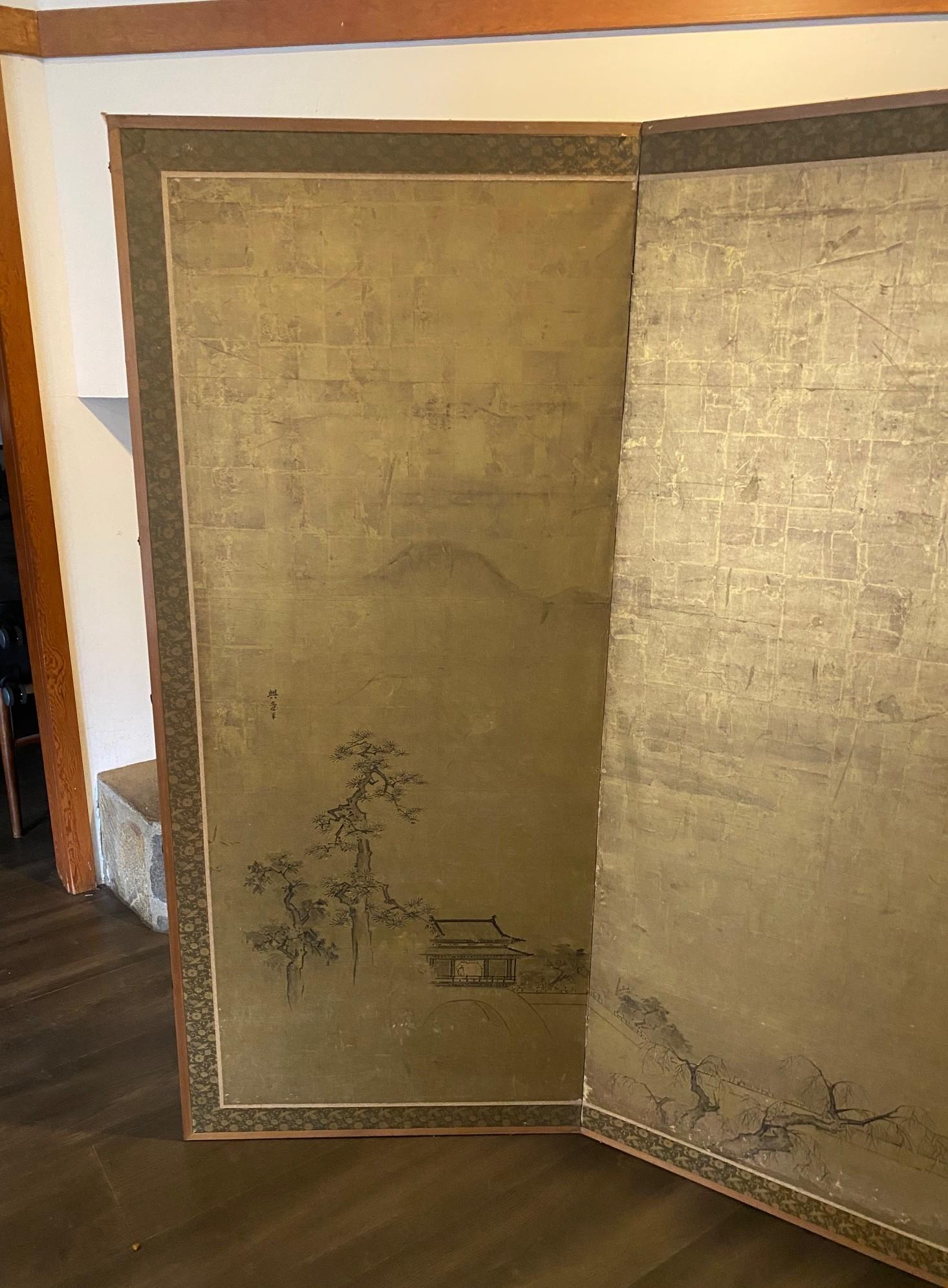 Japanisch Asiatisch Signiert Zwei Panel Meiiji Edo Folding Byobu Landschaft Haus Bildschirm (Handgefertigt) im Angebot