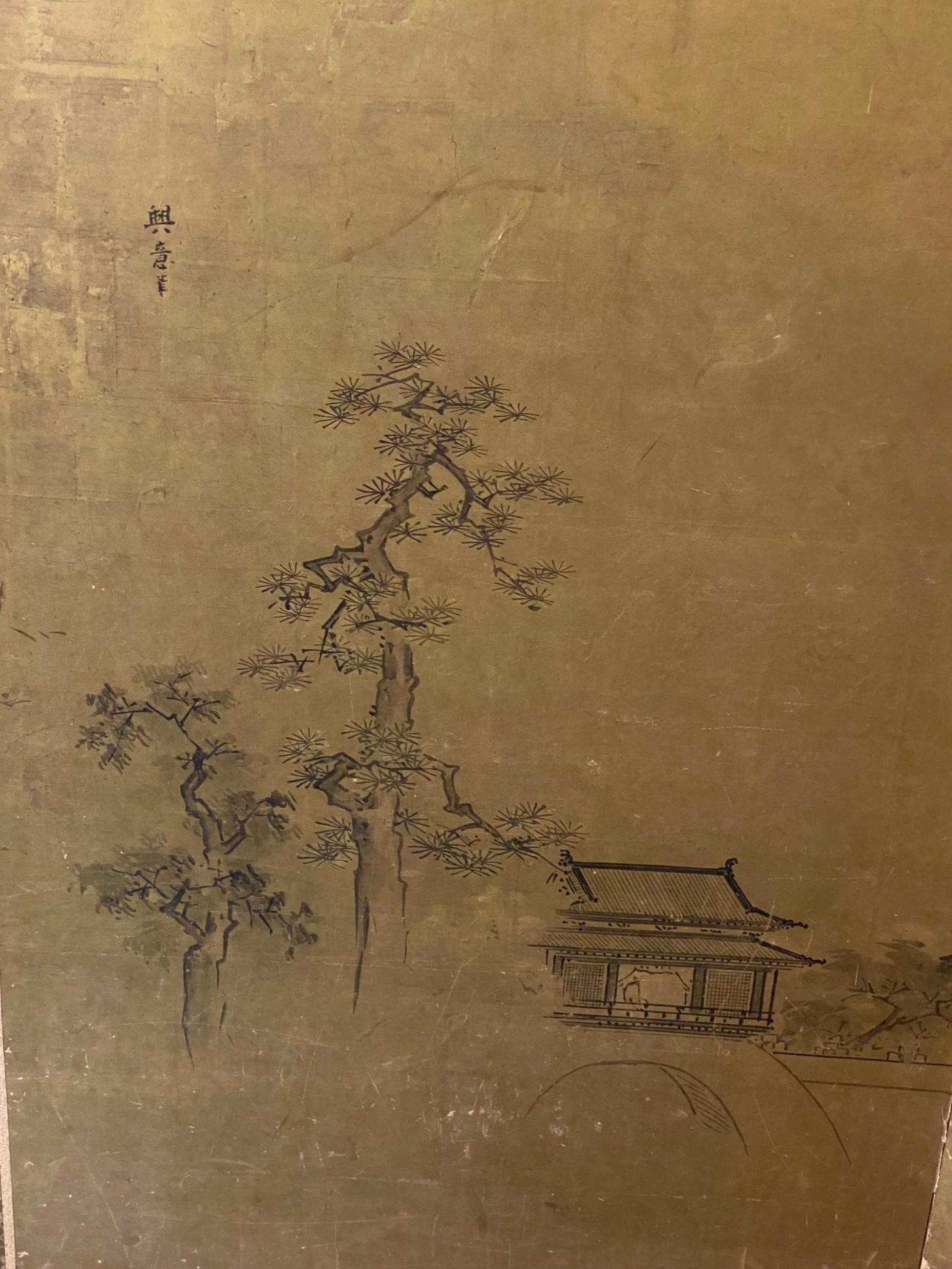 Japanisch Asiatisch Signiert Zwei Panel Meiiji Edo Folding Byobu Landschaft Haus Bildschirm im Zustand „Gut“ im Angebot in Studio City, CA