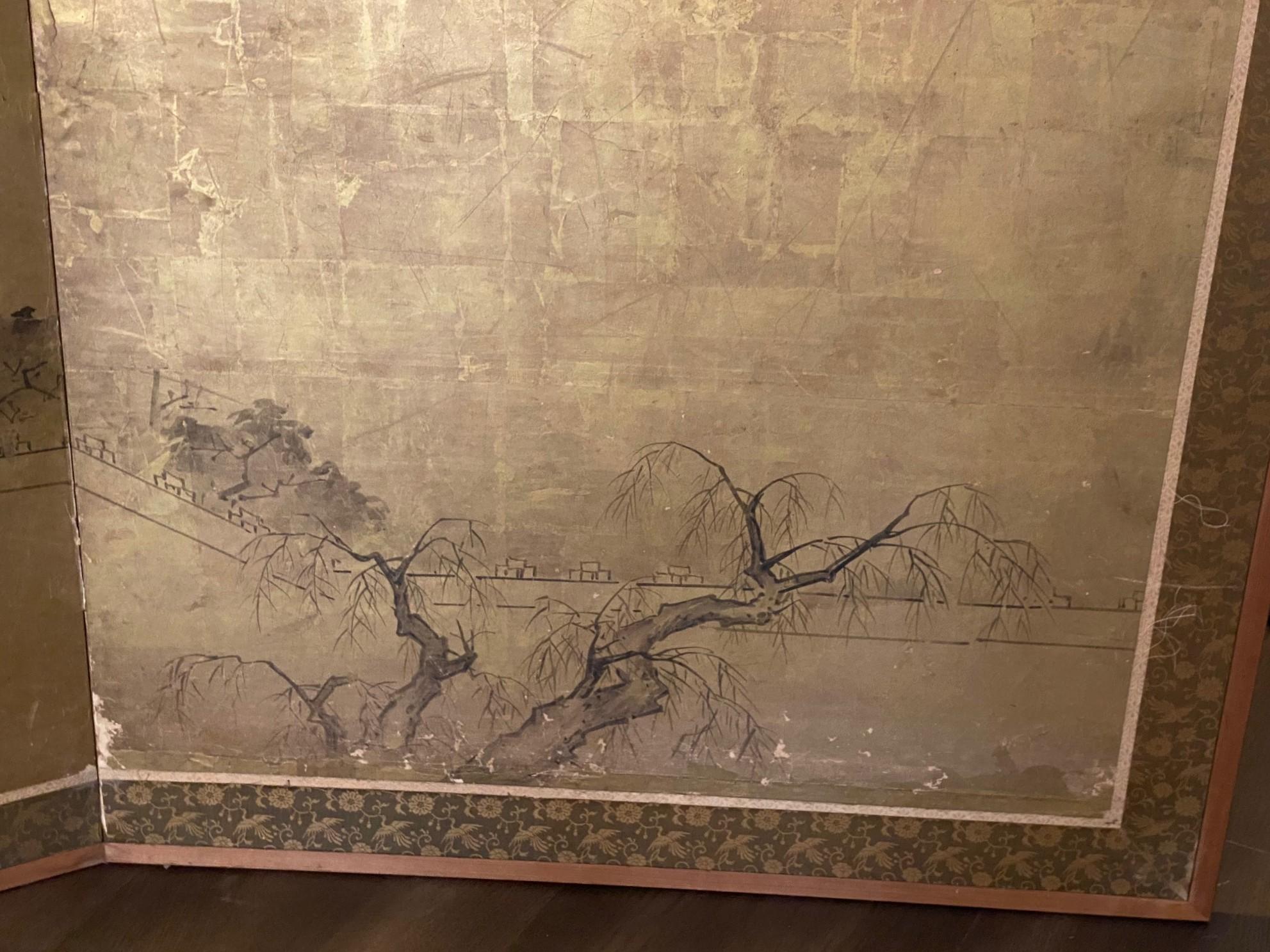 Japanisch Asiatisch Signiert Zwei Panel Meiiji Edo Folding Byobu Landschaft Haus Bildschirm (19. Jahrhundert) im Angebot