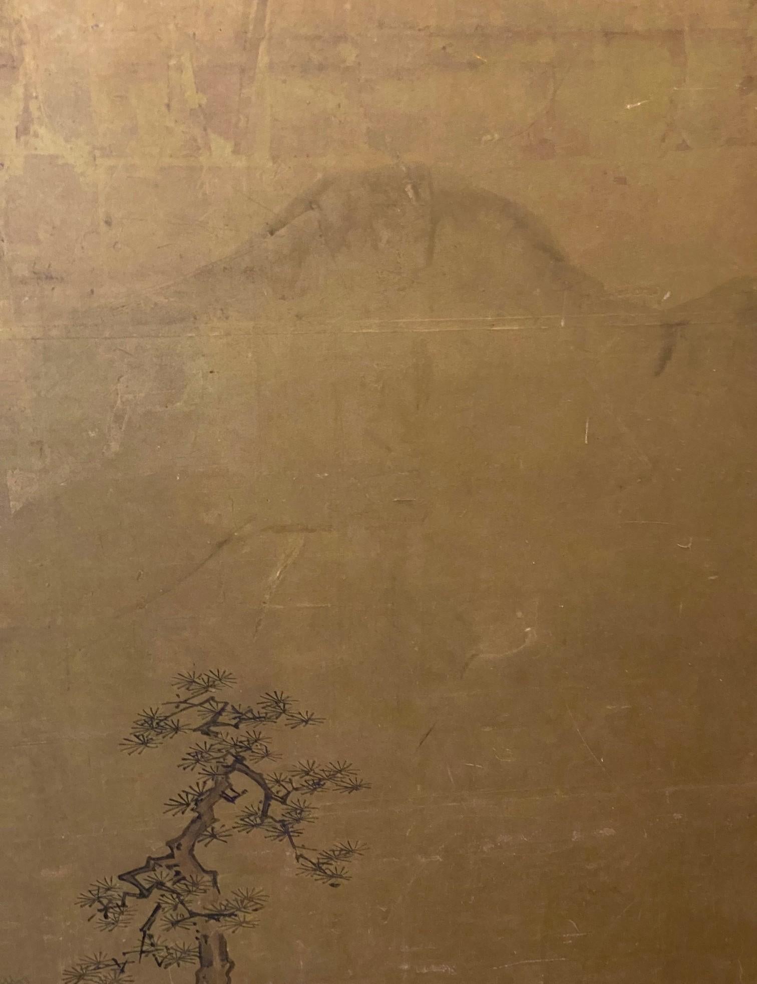 Japanisch Asiatisch Signiert Zwei Panel Meiiji Edo Folding Byobu Landschaft Haus Bildschirm (Blattgold) im Angebot