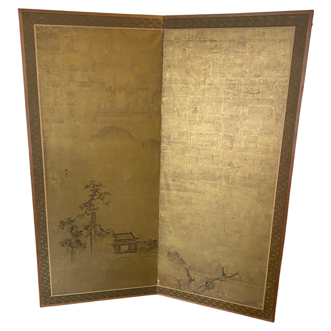 Paravento giapponese asiatico firmato a due pannelli Meiiji Edo Foldes con paesaggio Byobu