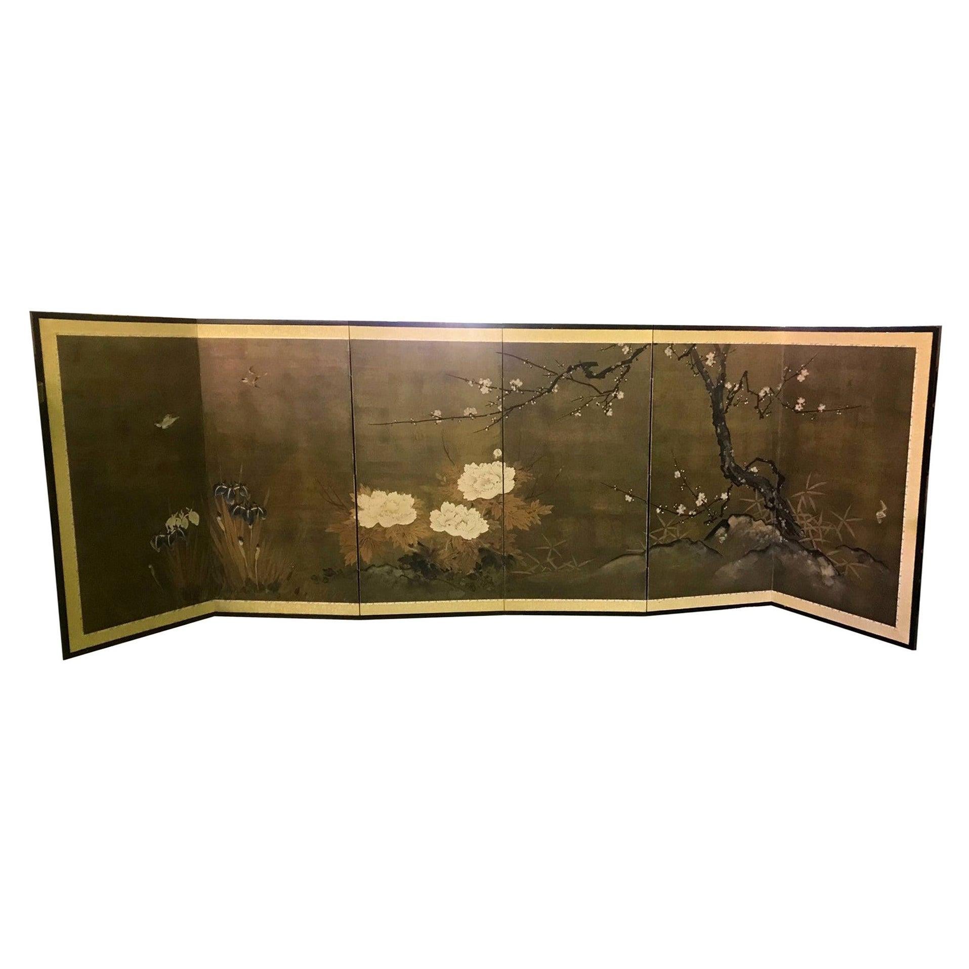 Japanese Asian Six-Panel Folding Byobu Nature Floral Bird Screen, 19th Century