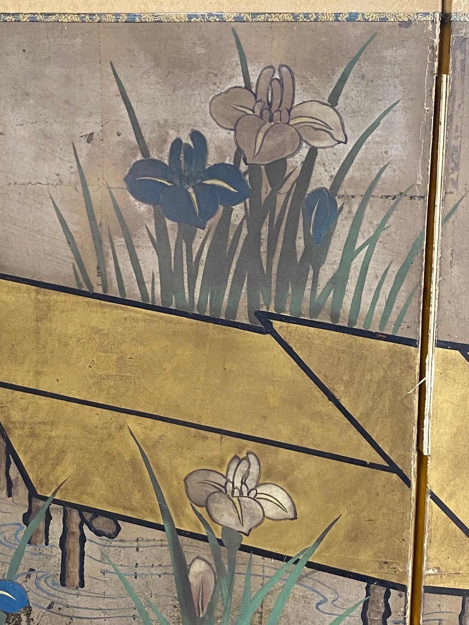 Japanese Asian Six-Panel Folding Byobu Screen Landcape Bridge with Iris Flowers  For Sale 3