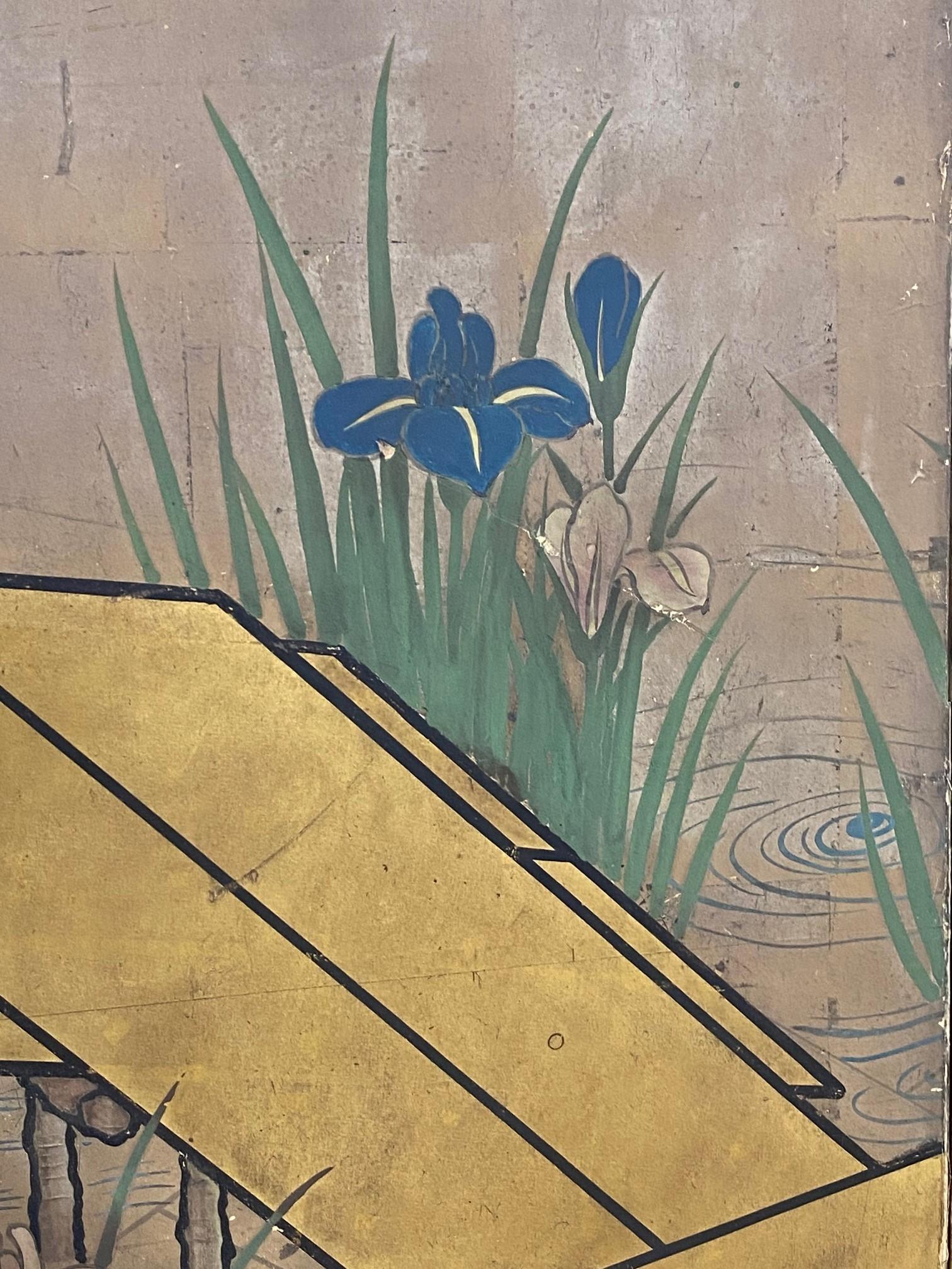 Japanese Asian Six-Panel Folding Byobu Screen Landcape Bridge with Iris Flowers  For Sale 5