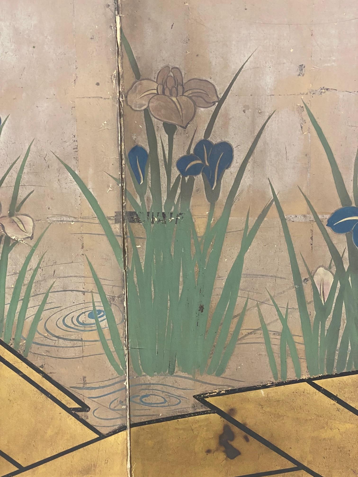 Japanese Asian Six-Panel Folding Byobu Screen Landcape Bridge with Iris Flowers  For Sale 6