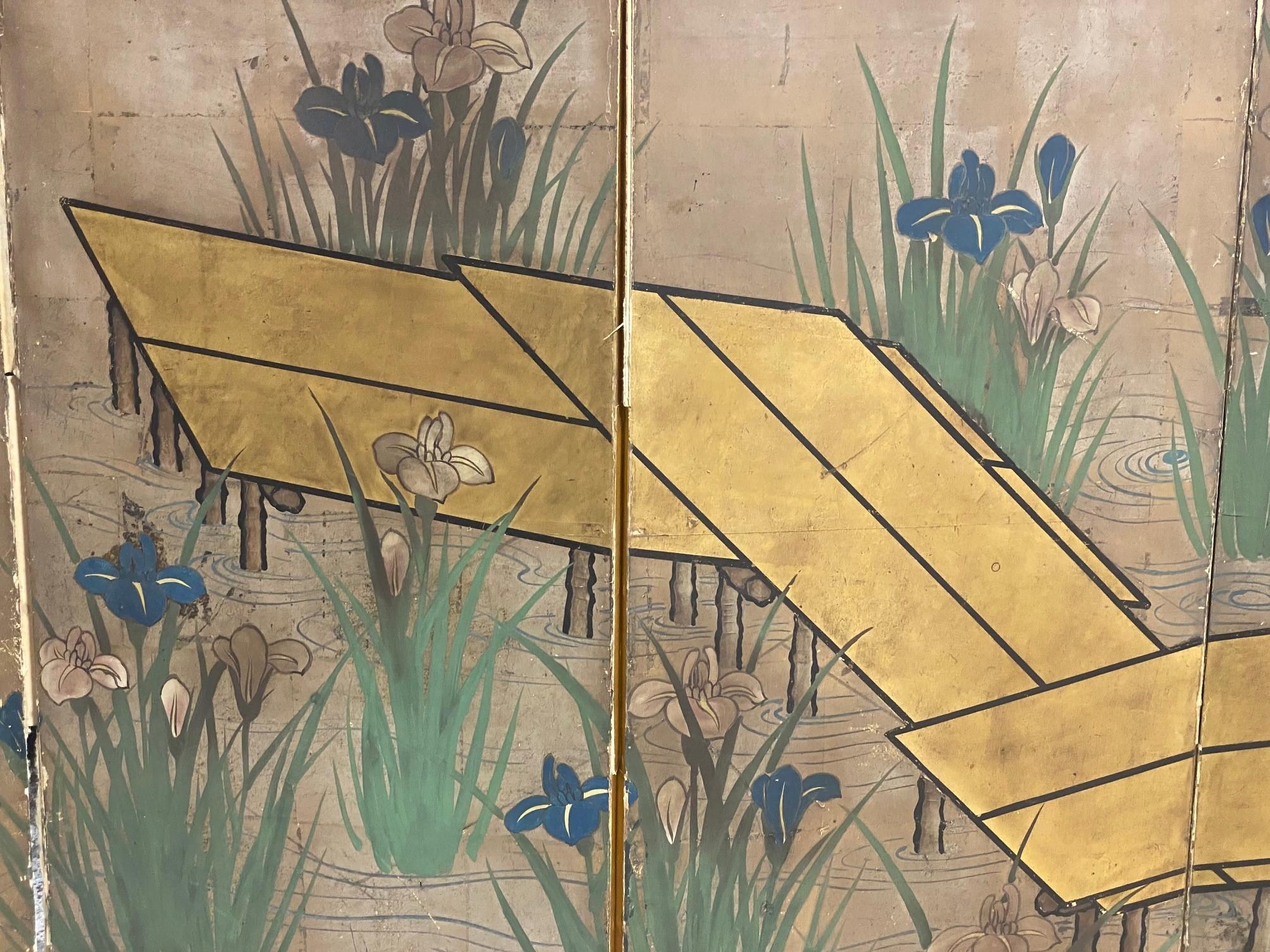 Japanese Asian Six-Panel Folding Byobu Screen Landcape Bridge with Iris Flowers  For Sale 8