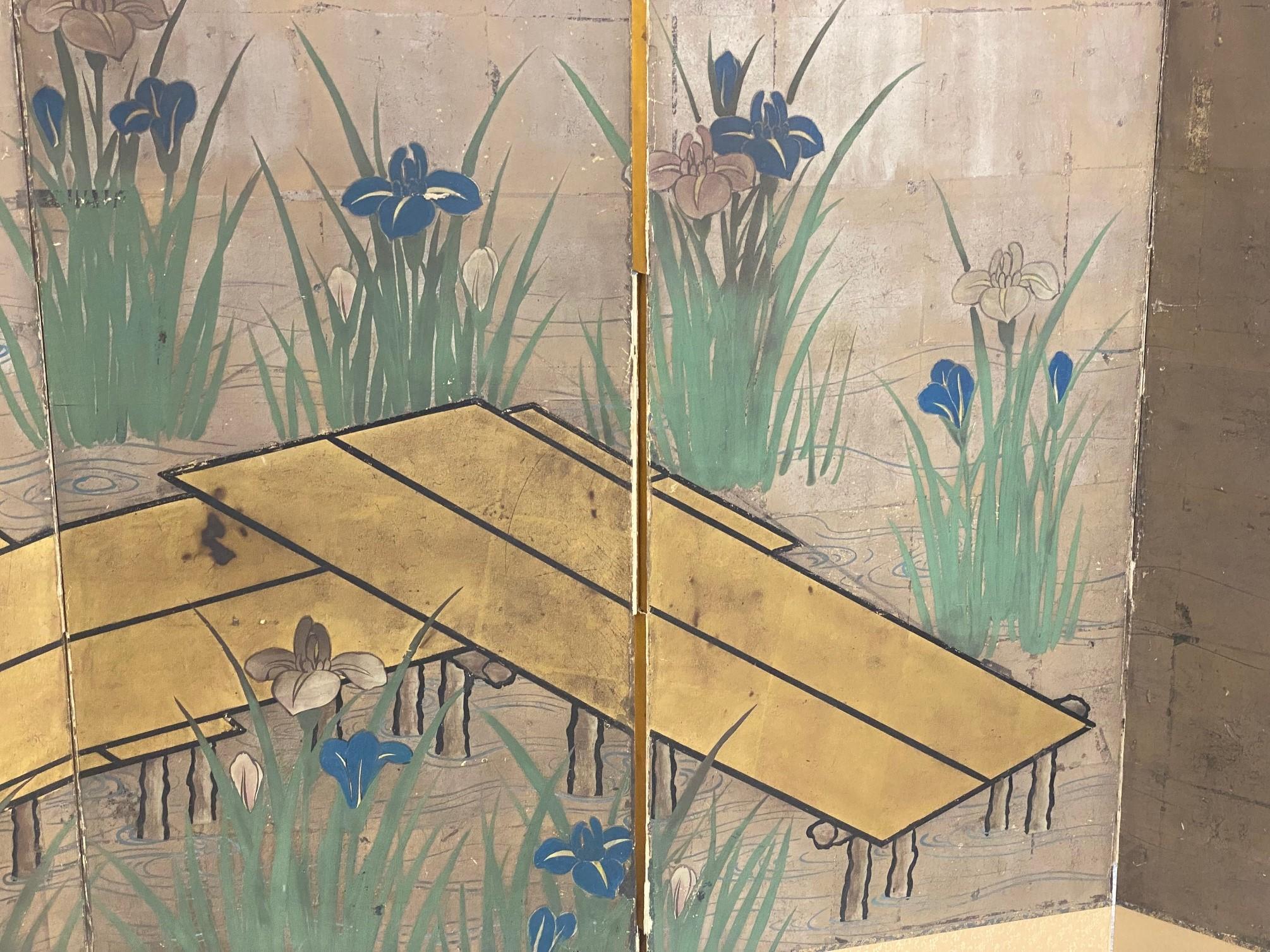 Japanese Asian Six-Panel Folding Byobu Screen Landcape Bridge with Iris Flowers  For Sale 9