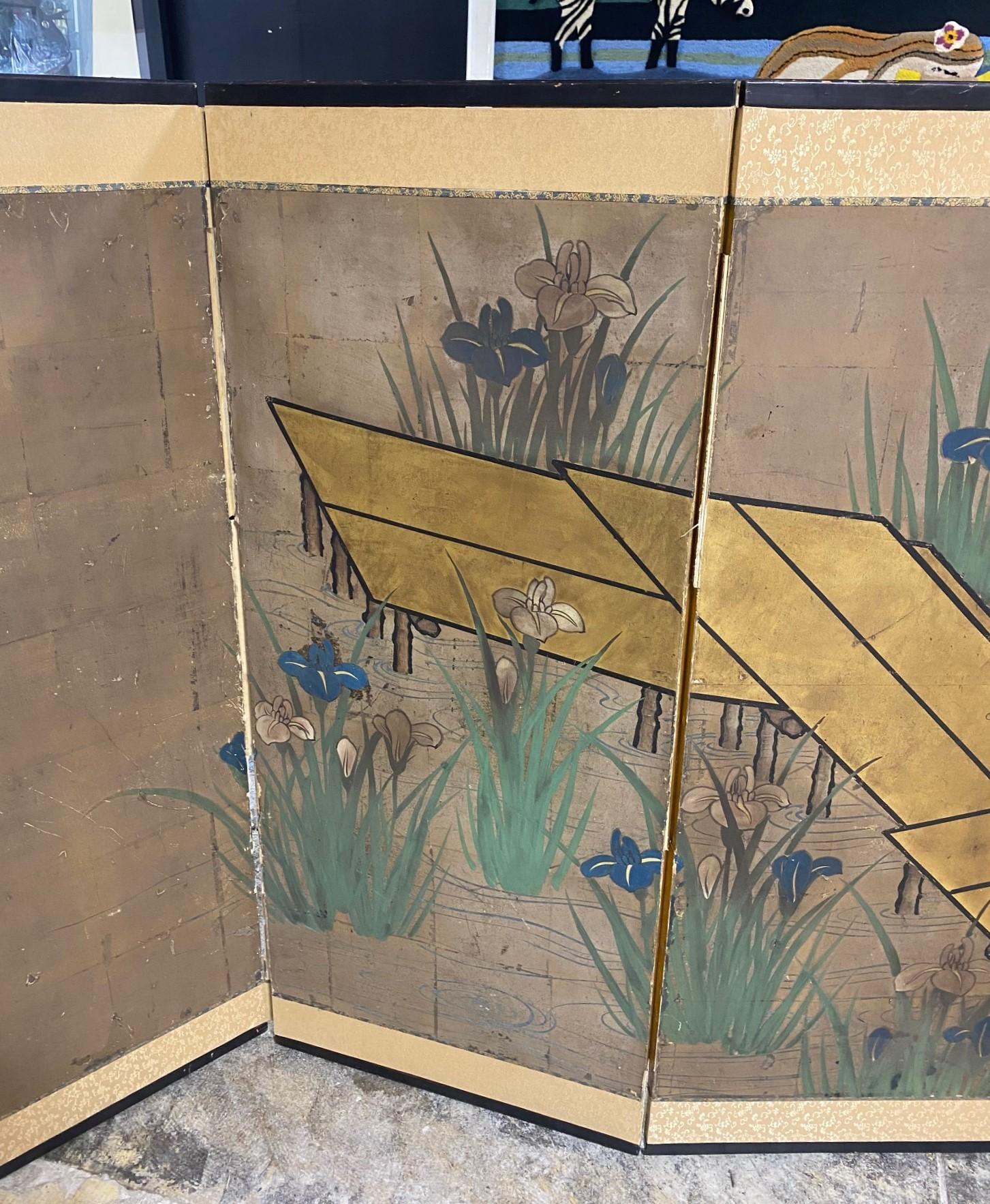 Hand-Painted Japanese Asian Six-Panel Folding Byobu Screen Landcape Bridge with Iris Flowers  For Sale