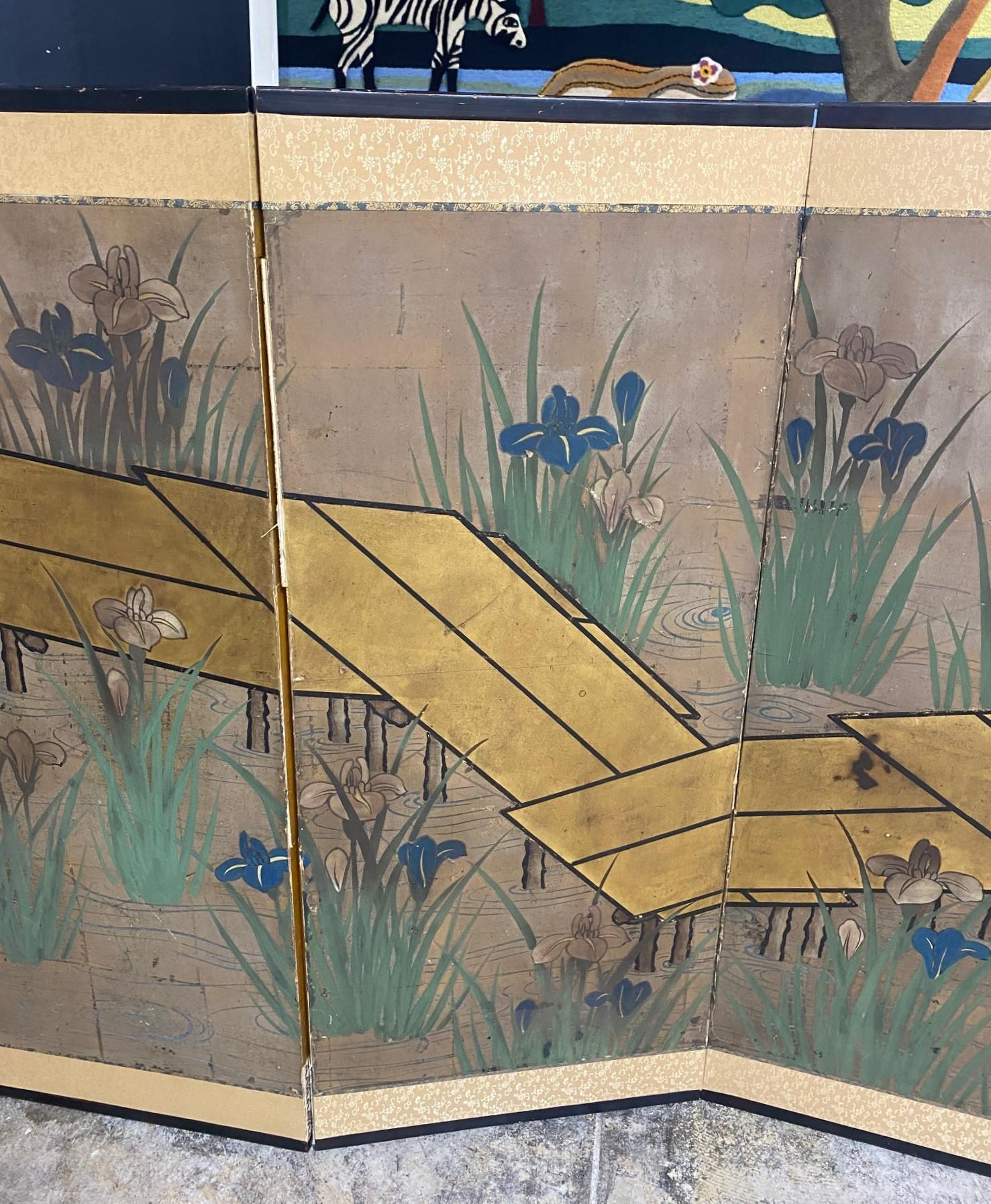 Japanese Asian Six-Panel Folding Byobu Screen Landcape Bridge with Iris Flowers  In Good Condition For Sale In Studio City, CA