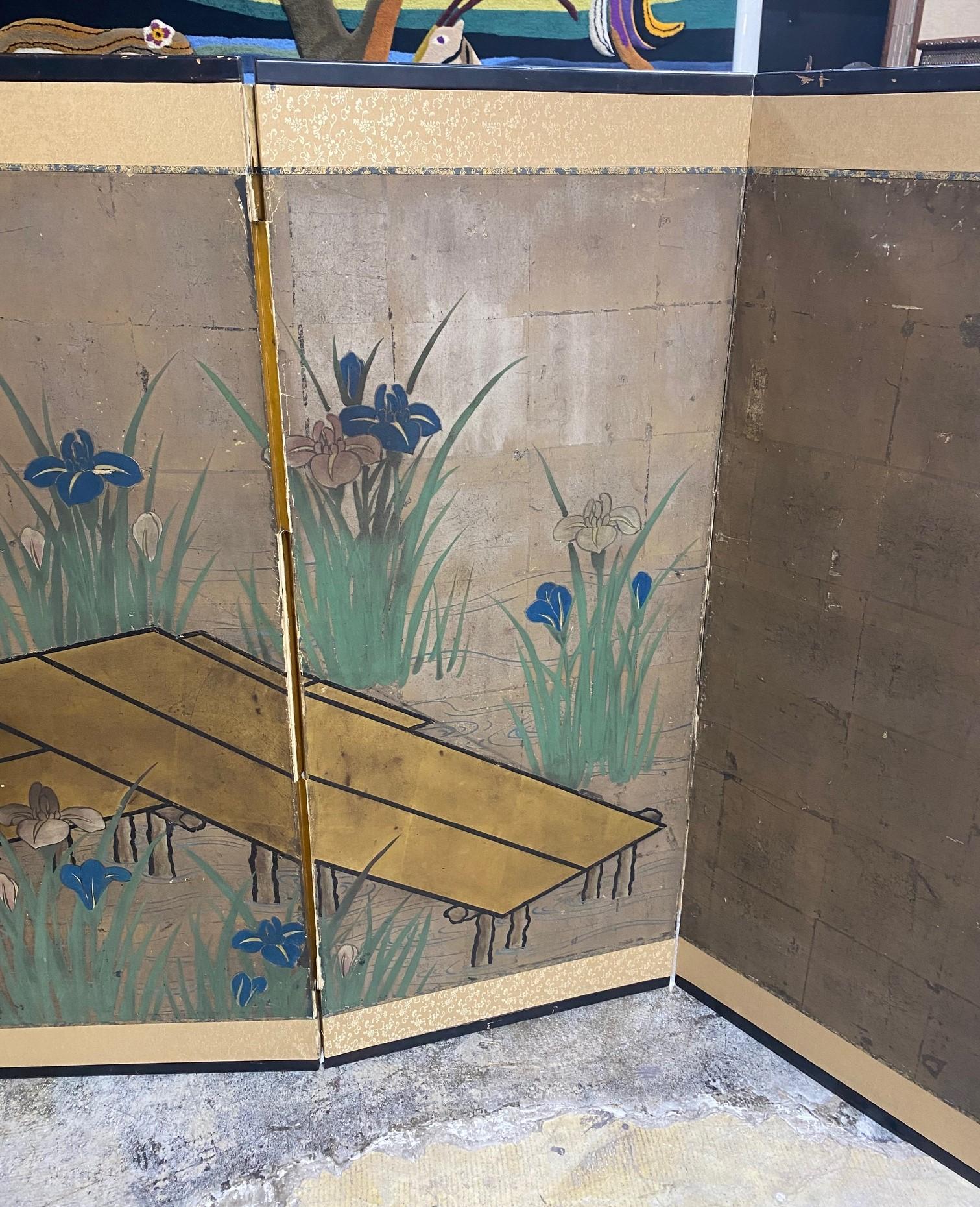 19th Century Japanese Asian Six-Panel Folding Byobu Screen Landcape Bridge with Iris Flowers  For Sale
