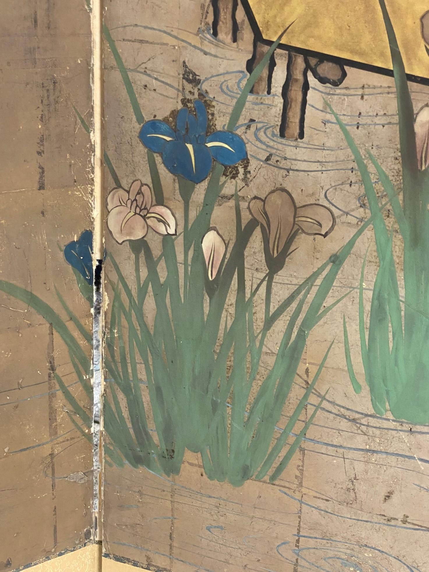 Japanese Asian Six-Panel Folding Byobu Screen Landcape Bridge with Iris Flowers  For Sale 2