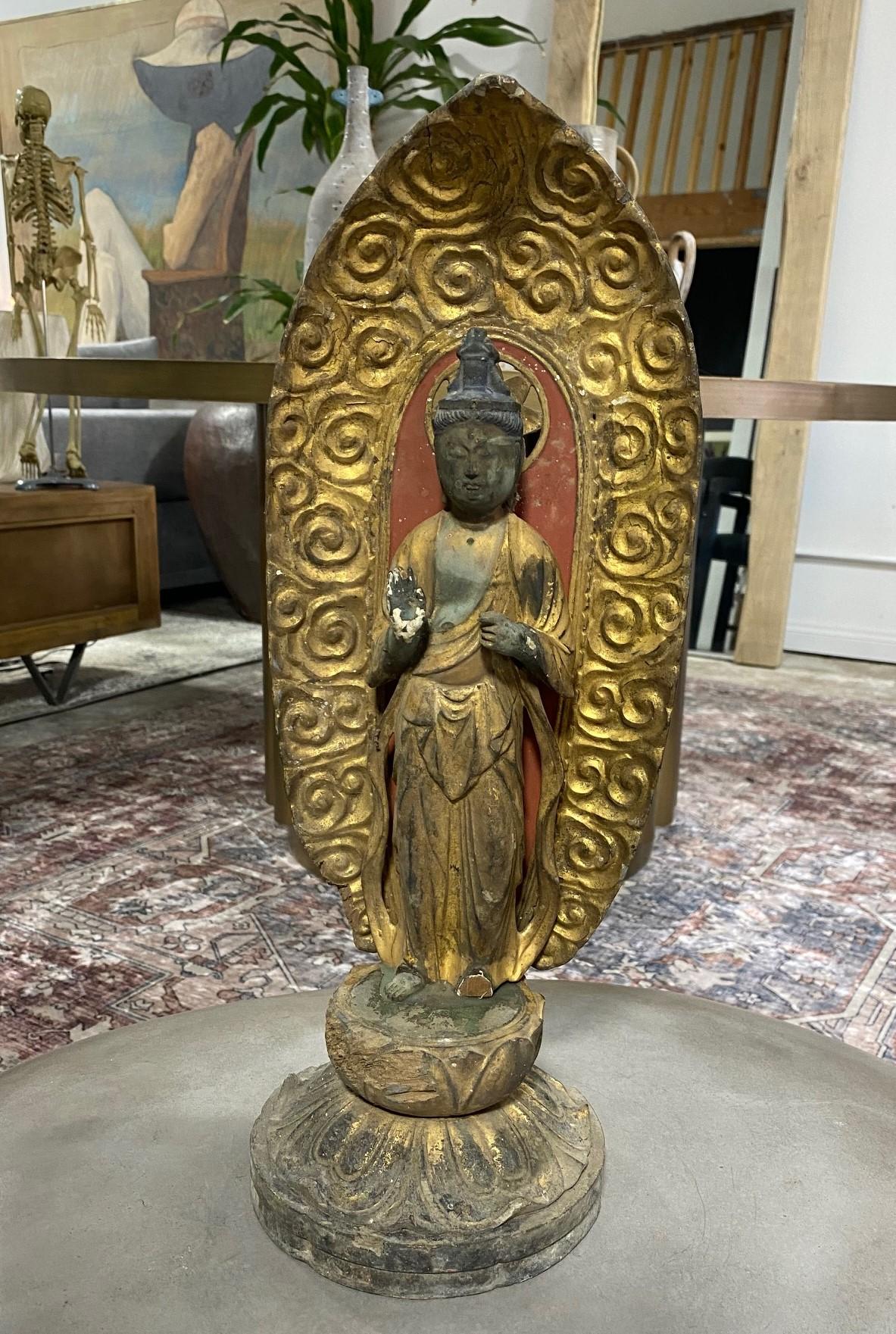 An absolutely beautiful standing Edo Period wood carved Japanese Kannon Bodhisattva Buddha Amida. One of three Buddhas (please see the last image) we acquired that were rescued from an abandoned and closed Japanese temple. 

Meticulously hand