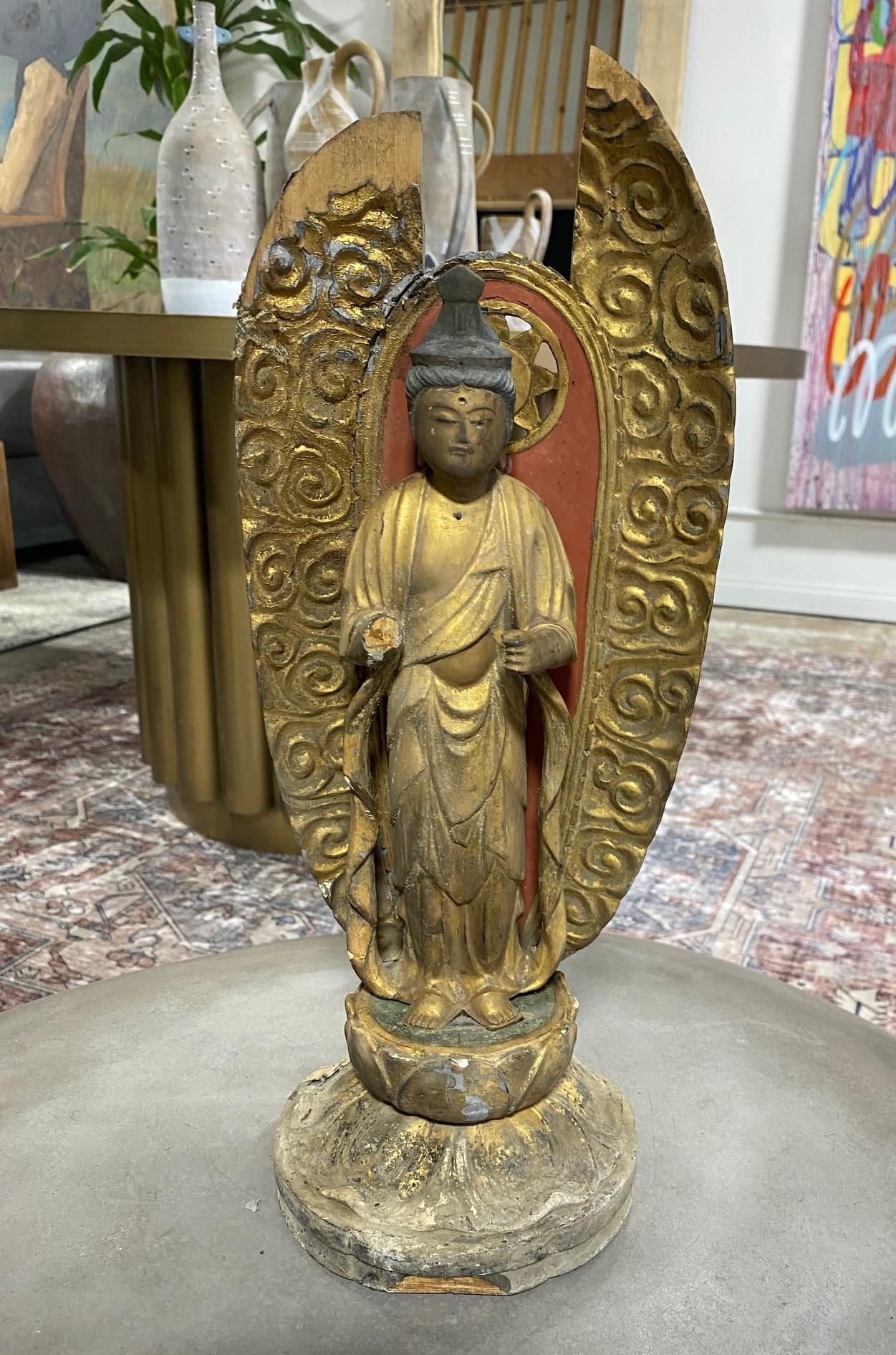 An absolutely beautiful standing Edo Period wood carved Japanese Kannon Bodhisattva Buddha Amida. One of three Buddhas (please see the last image) we acquired that were rescued from an abandoned and closed Japanese temple. 

Meticulously hand