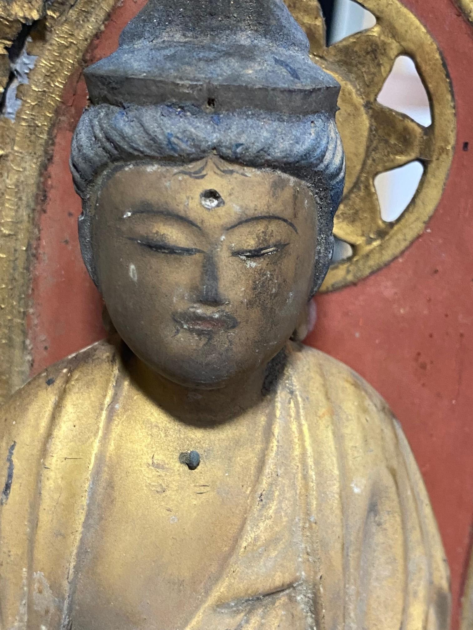 Japanese Asian Temple Shrine Edo Wood Kannon Bodhisattva Buddha Amida Statue In Good Condition In Studio City, CA