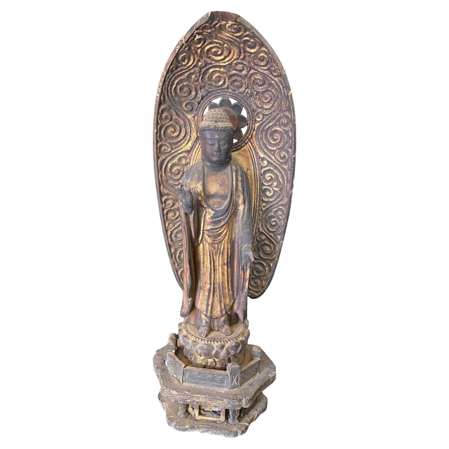 Japanese Asian Temple Shrine Edo Wood Kannon Bodhisattva Buddha Amida Statue For Sale