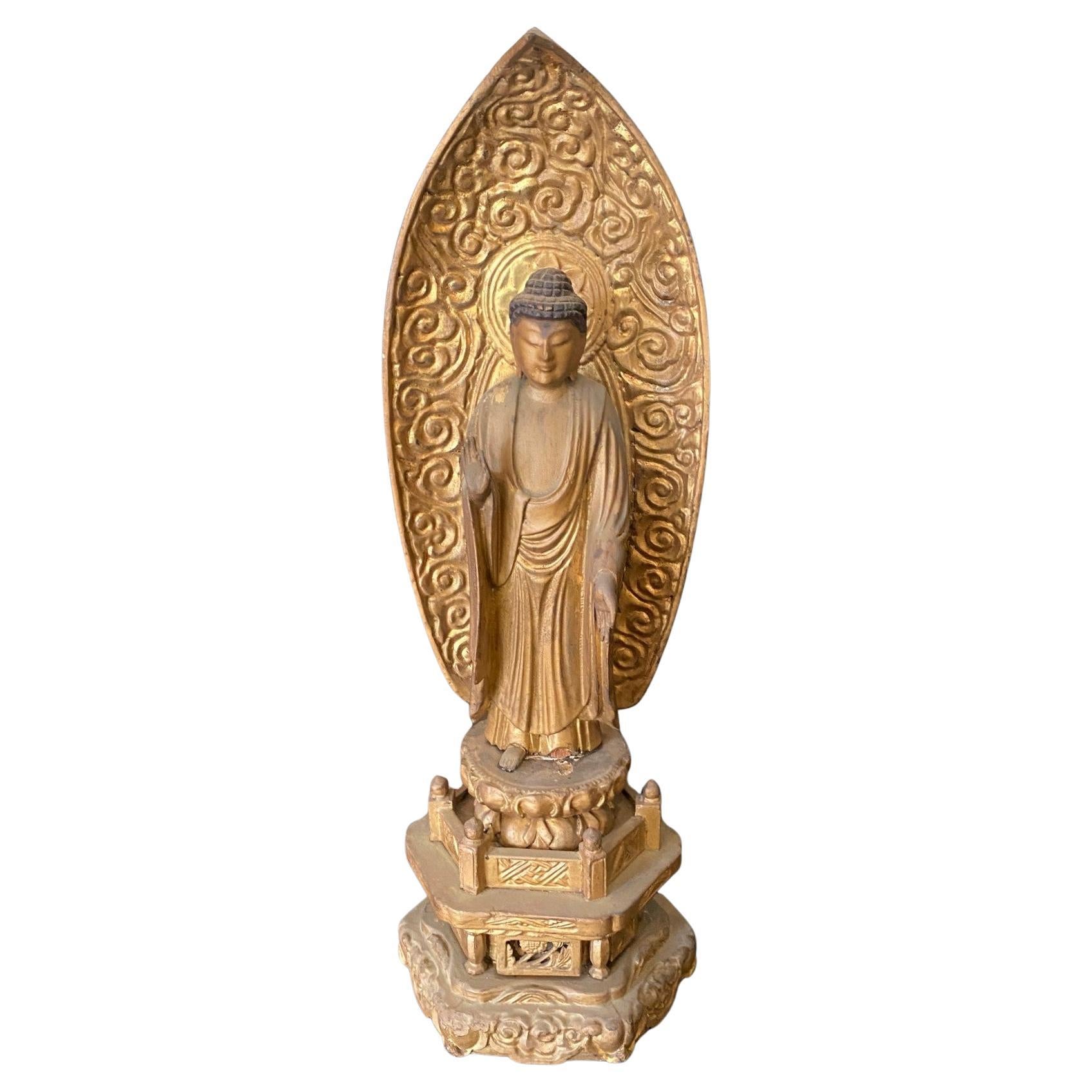 Temple asiatique japonais Sanctuaire Edo Wood Kannon Bodhisattva Buddha Amida Statue en vente