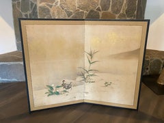 Japanese Asian Two Panel Meiiji Edo Folding Byobu Screen Landscape with Birds