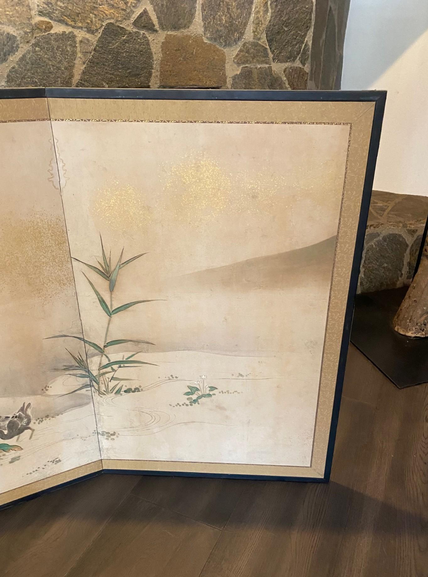 Meiji Paravent Byobu japonais à deux panneaux Meiiji Edo Paysage avec oiseaux en vente
