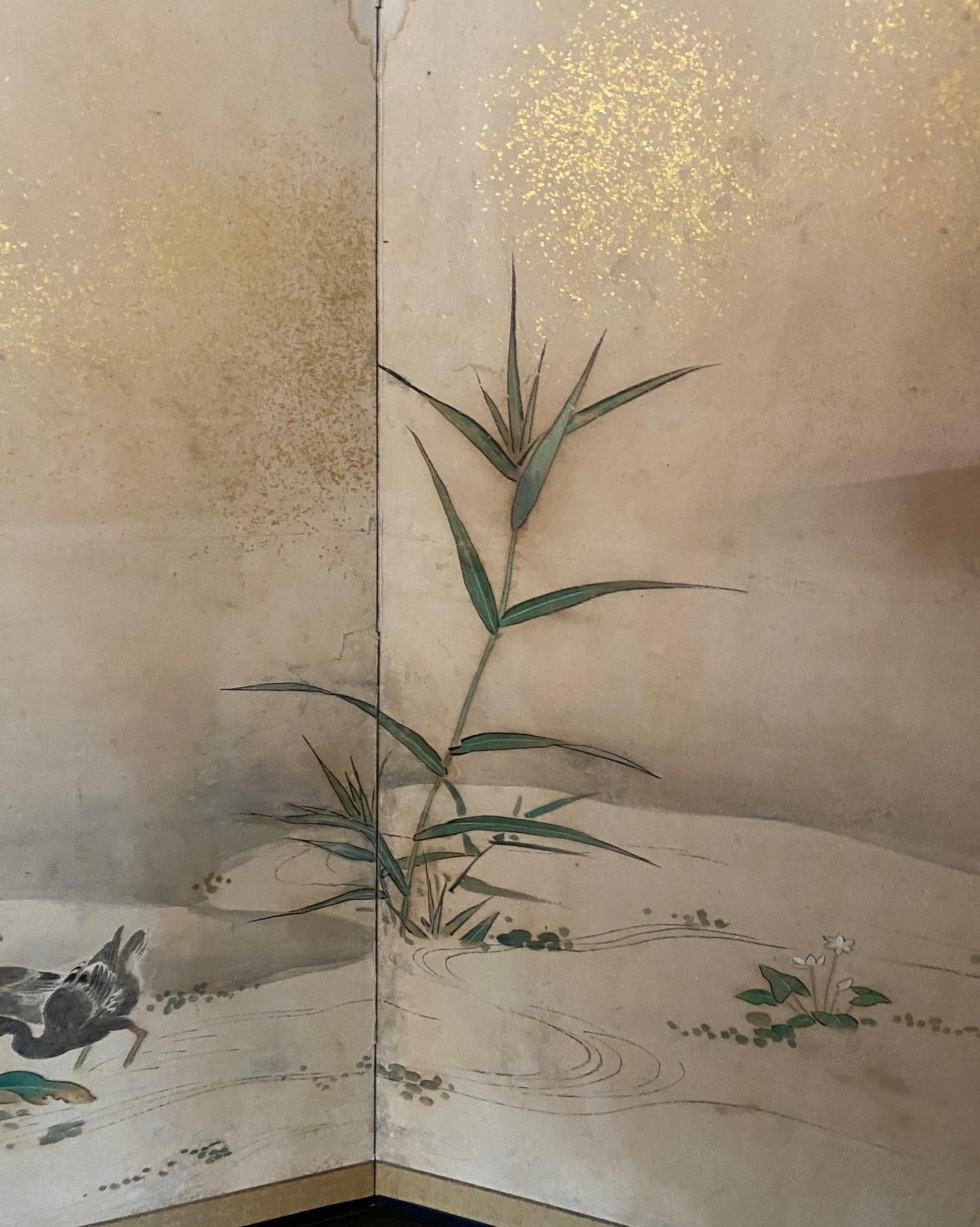 Paravent Byobu japonais à deux panneaux Meiiji Edo Paysage avec oiseaux Bon état - En vente à Studio City, CA