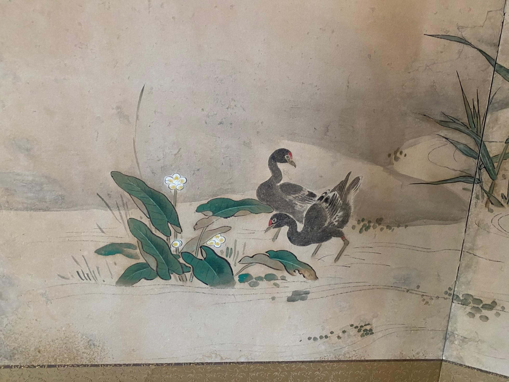 XIXe siècle Paravent Byobu japonais à deux panneaux Meiiji Edo Paysage avec oiseaux en vente