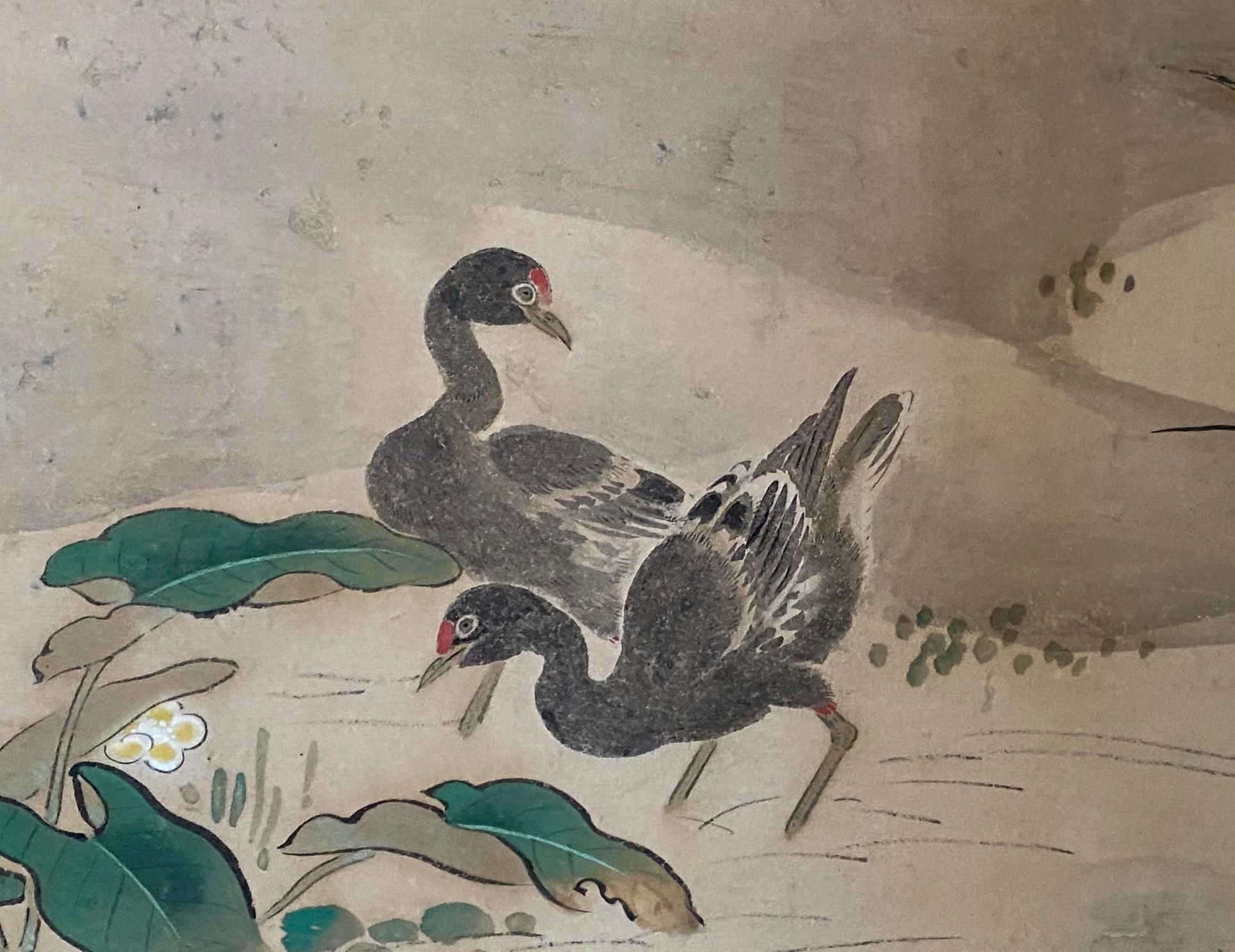 Bois Paravent Byobu japonais à deux panneaux Meiiji Edo Paysage avec oiseaux en vente