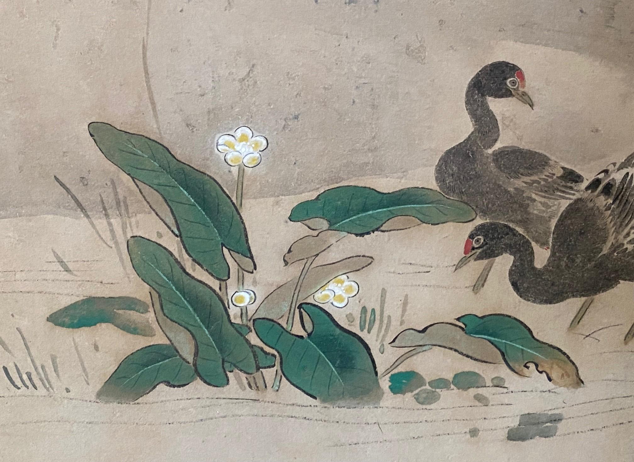 Paravent Byobu japonais à deux panneaux Meiiji Edo Paysage avec oiseaux en vente 1