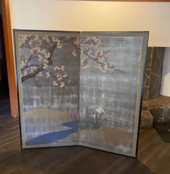 Paravent asiatique japonais à deux panneaux Meiji Edo Byobu Cherry Blossom Tree