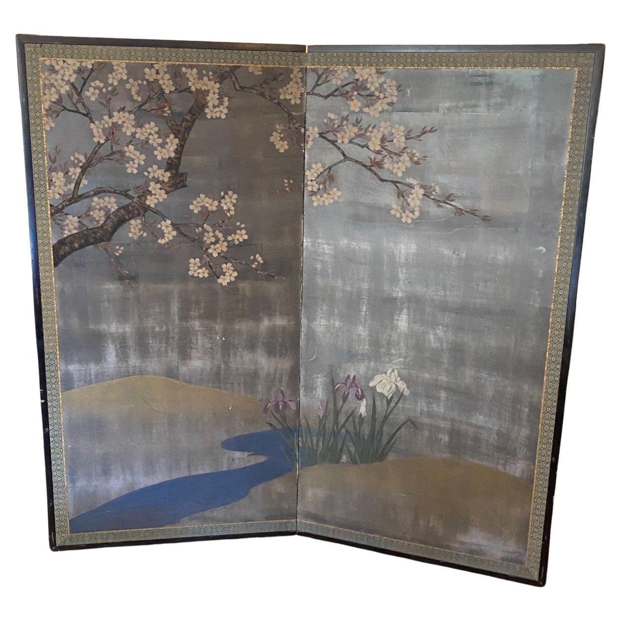 Japanese Asian Two Panel Meiji Edo Byobu Cherry Blossom Tree Folding Screen For Sale