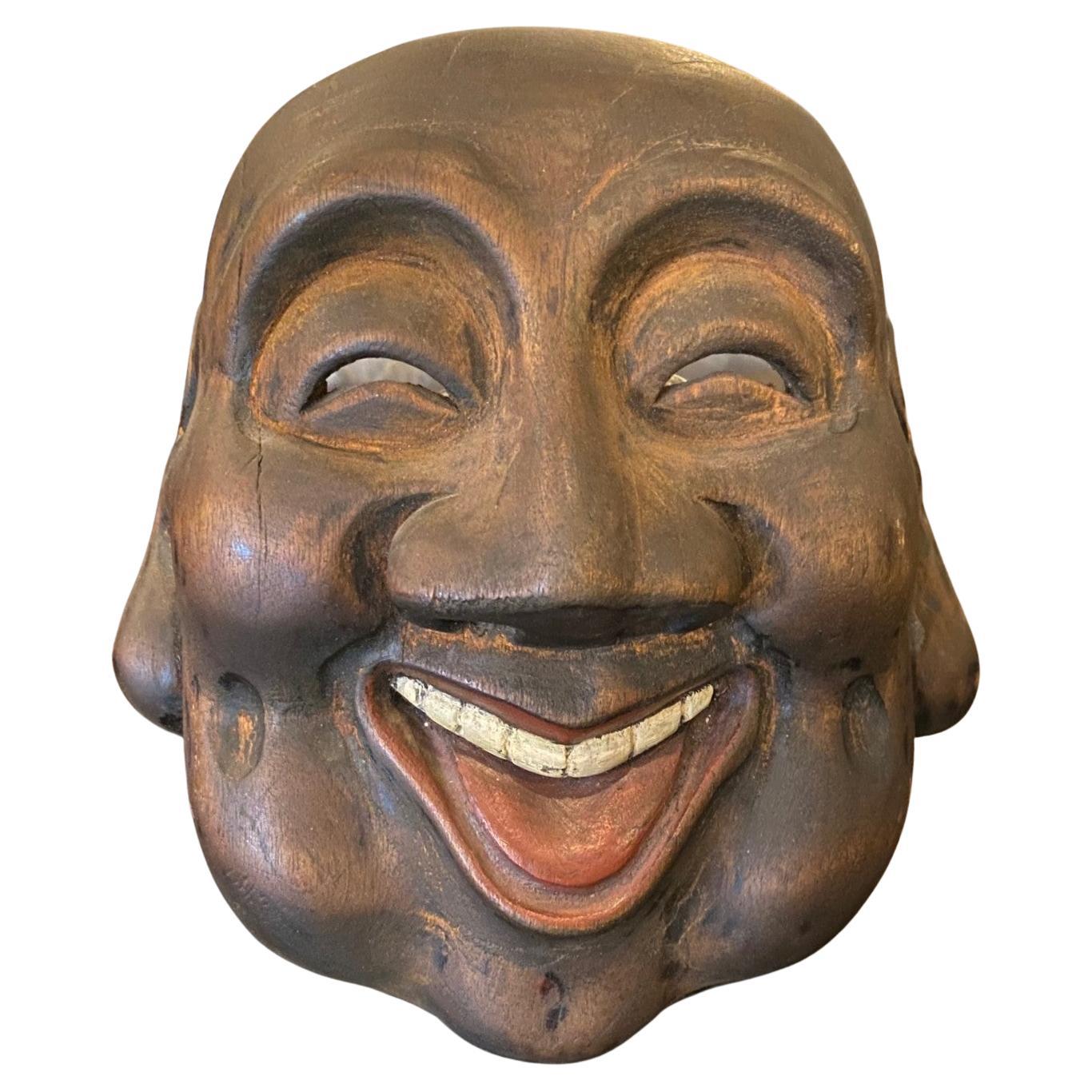 Japanese Asian Vintage Wood Carved Showa Daikokuten Mingei Folk Art Mask For Sale