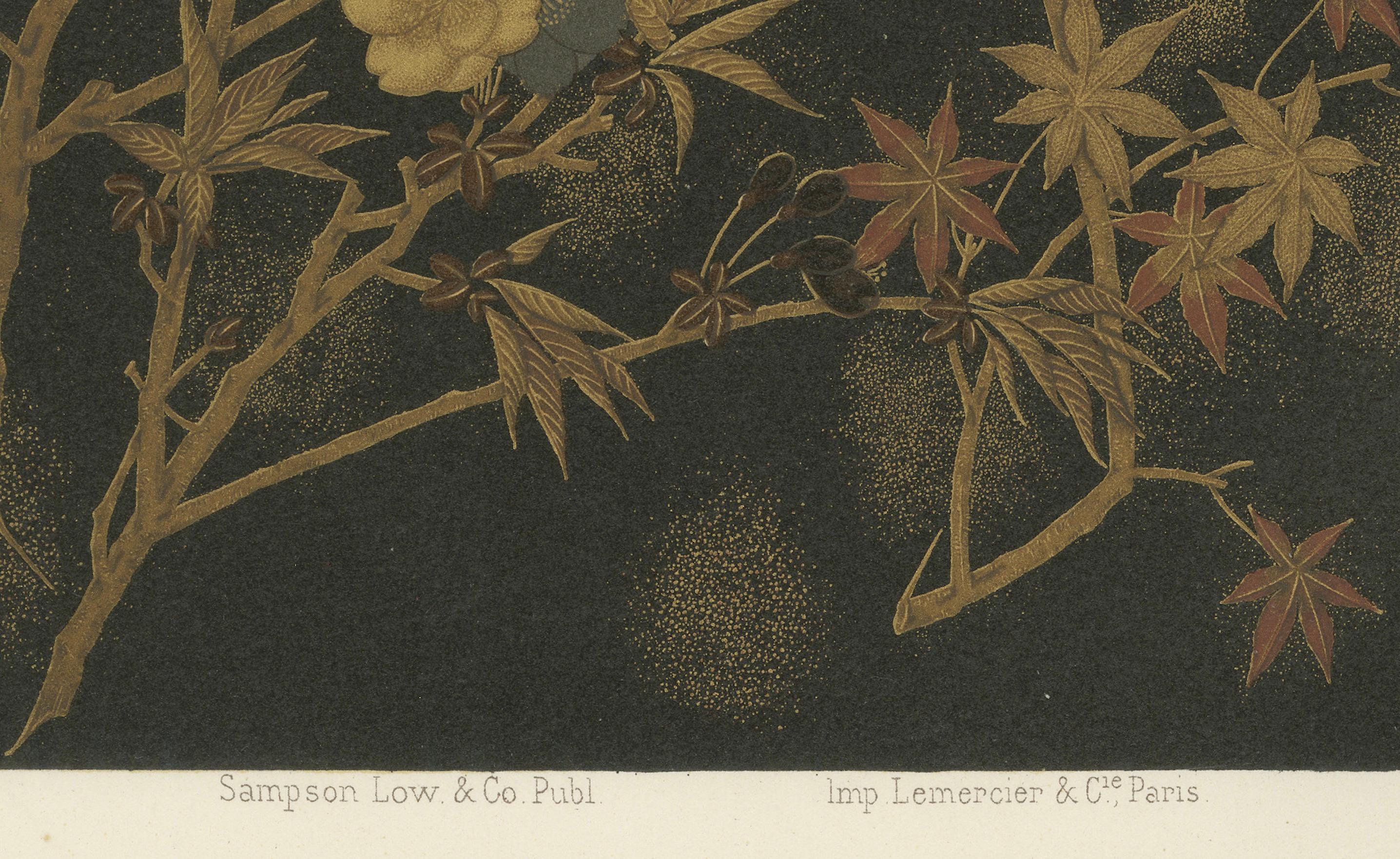 Titel: Japanische Herbst- und Frühlingsblumen: Antike Lithographie, 1880er Jahre

Beschreibung:
Diese atemberaubende Lithografie aus den 1880er Jahren zeigt ein zartes Arrangement japanischer Herbst- und Frühlingsblumen, das die zyklische Schönheit