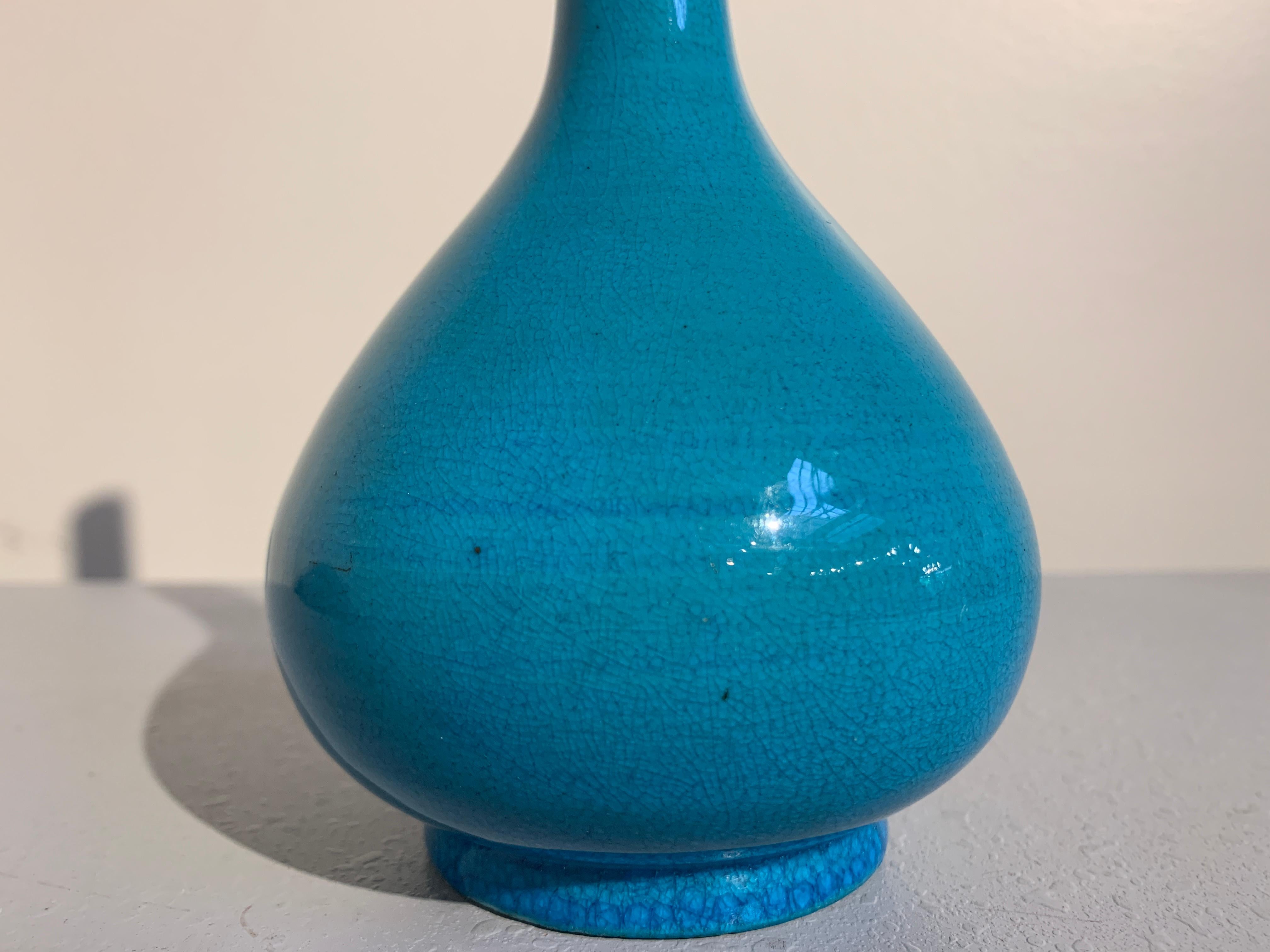 Glazed Japanese Awaji Pottery Monochrome Turquoise Stick Neck Vase, Meiji Period