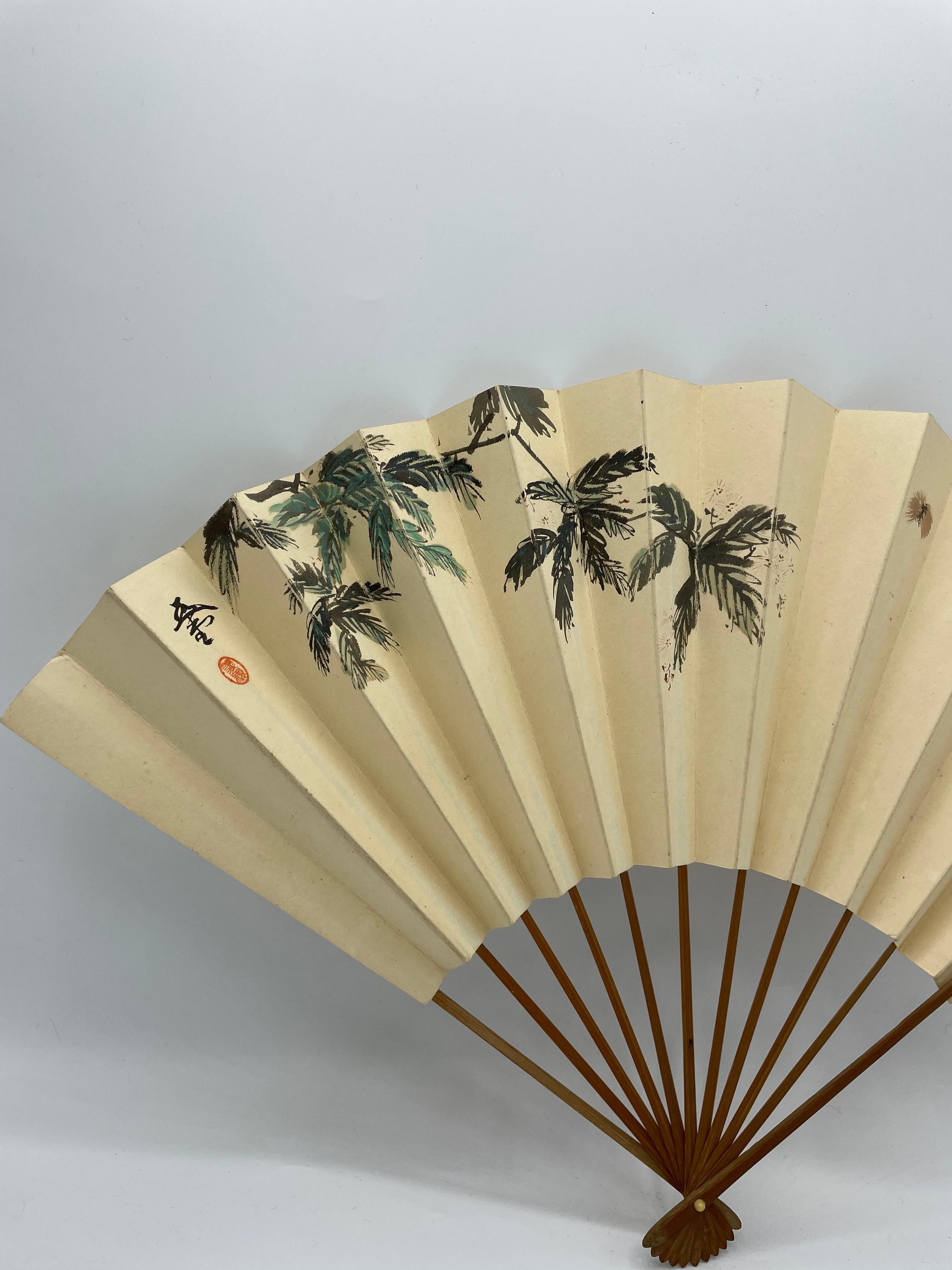 Showa Japanese Bamboo and Paper Fan Printed 1980s For Sale