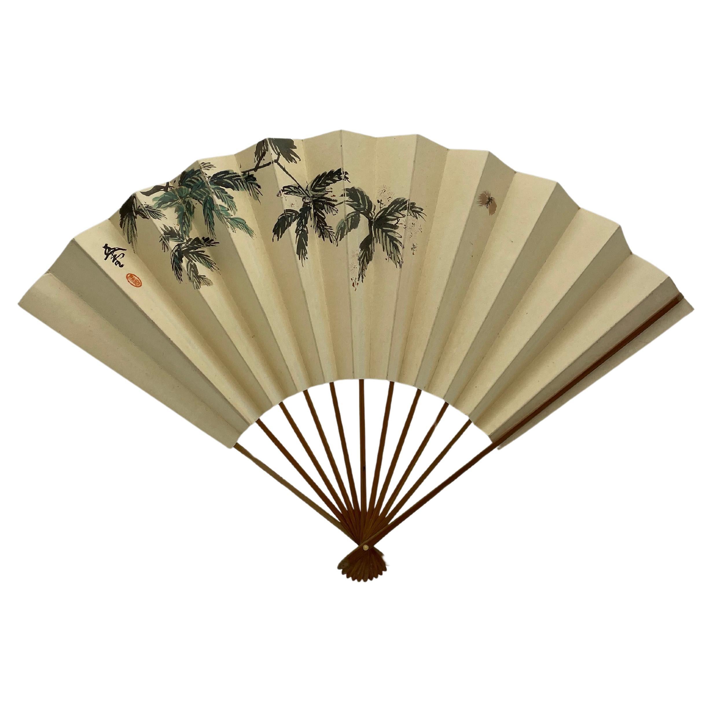Japanese Bamboo and Paper Fan Printed 1980s For Sale