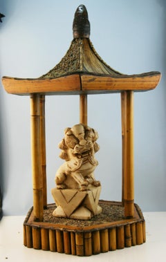 Japanese Garden Bamboo Pagoda Shrine with Carved Stone Animal