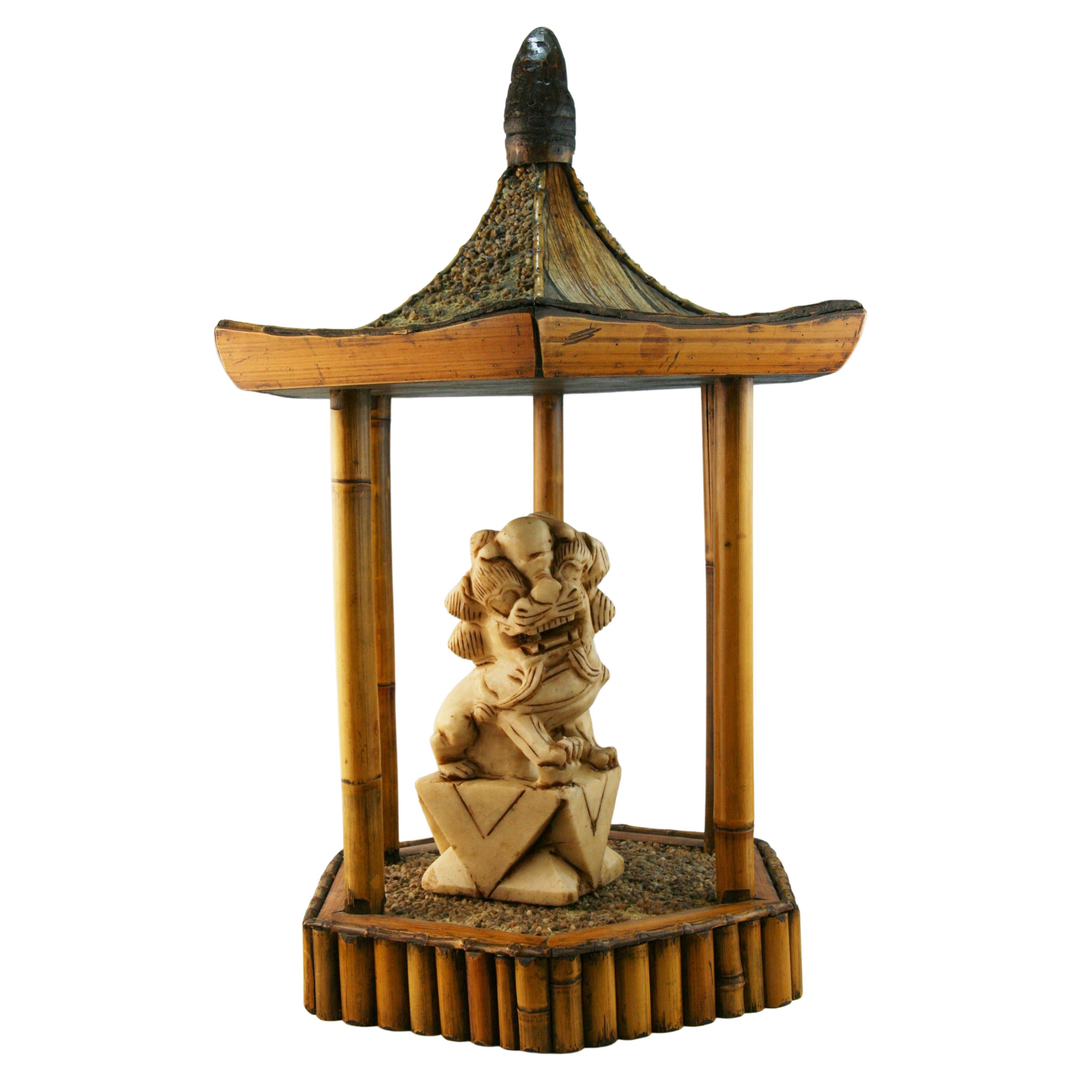 Japanese Garden Bamboo Pagoda Shrine with Carved Stone Animal For Sale