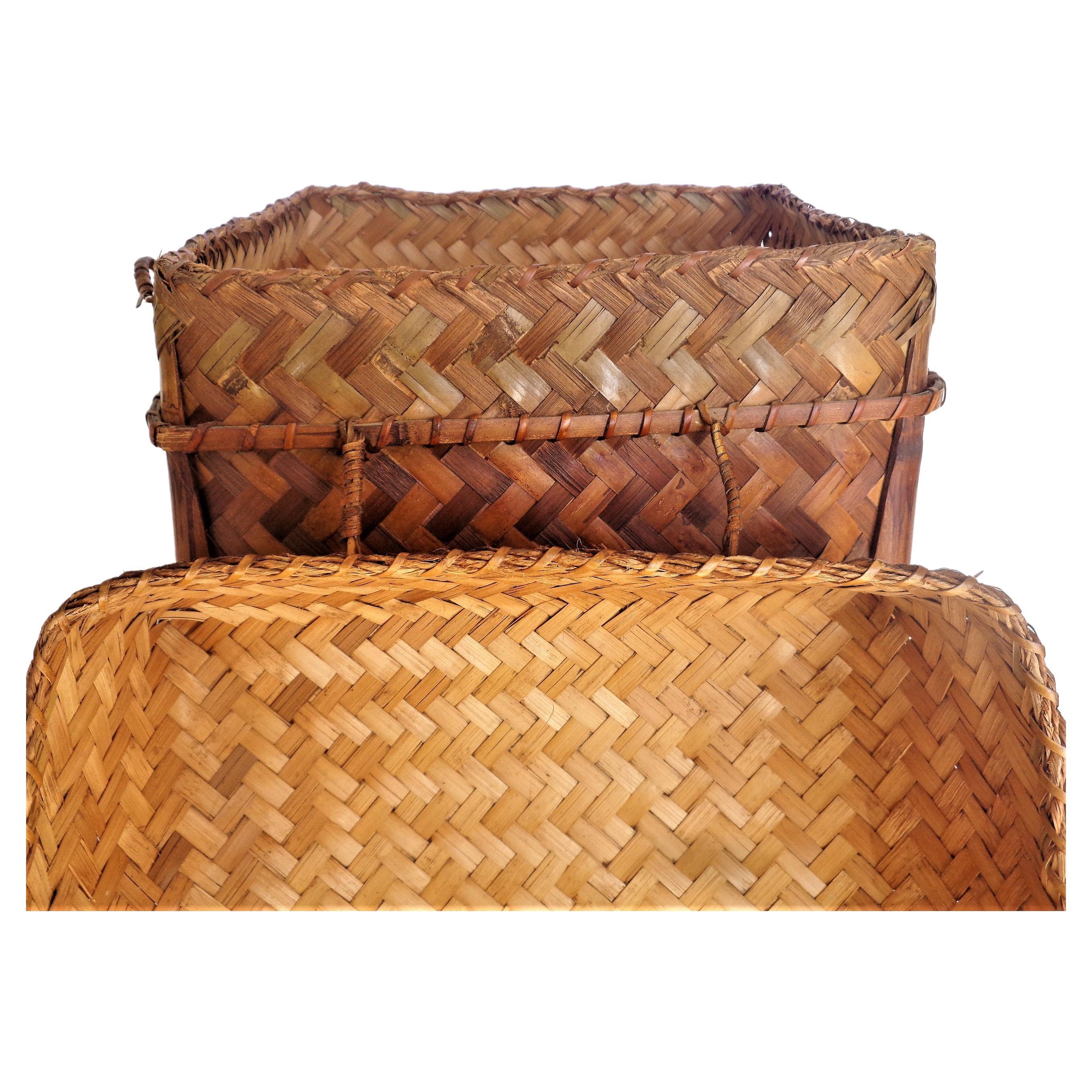 Japanese Bamboo Woven Rattan Lidded Storage Basket 1