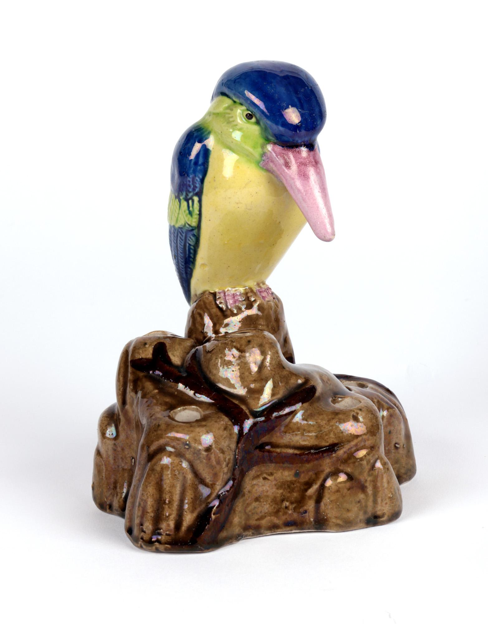 Early 20th Century Japanese Banko Ware Art Deco Crested Bird Mounted Pottery Hatpin Holder For Sale