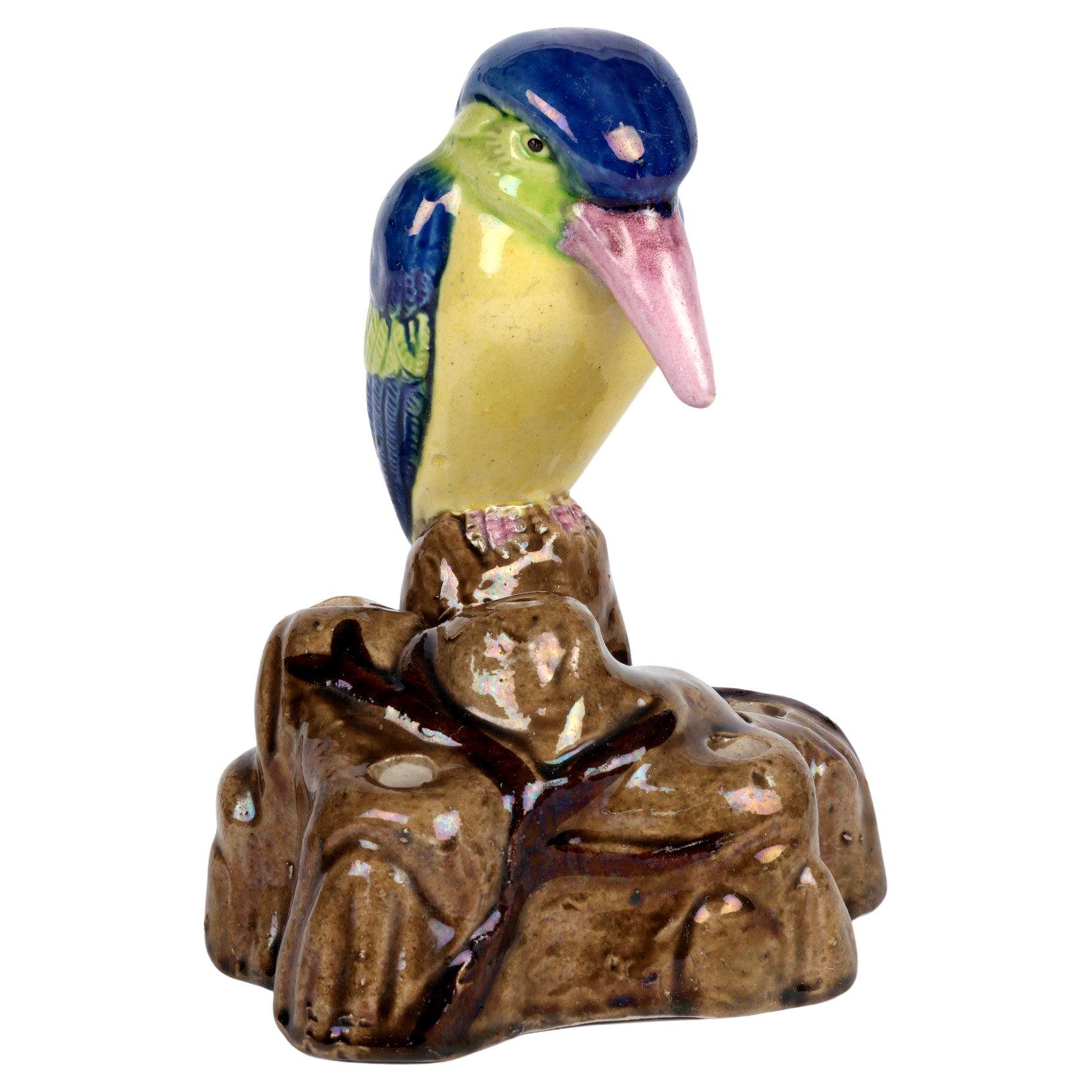 Japanese Banko Ware Art Deco Crested Bird Mounted Pottery Hatpin Holder For Sale