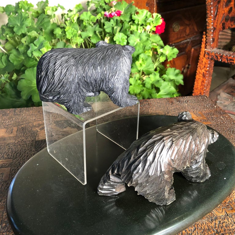 Japanese Bears and Salmon Catch Fine Pair Hand Carved Cryptomeria Wood