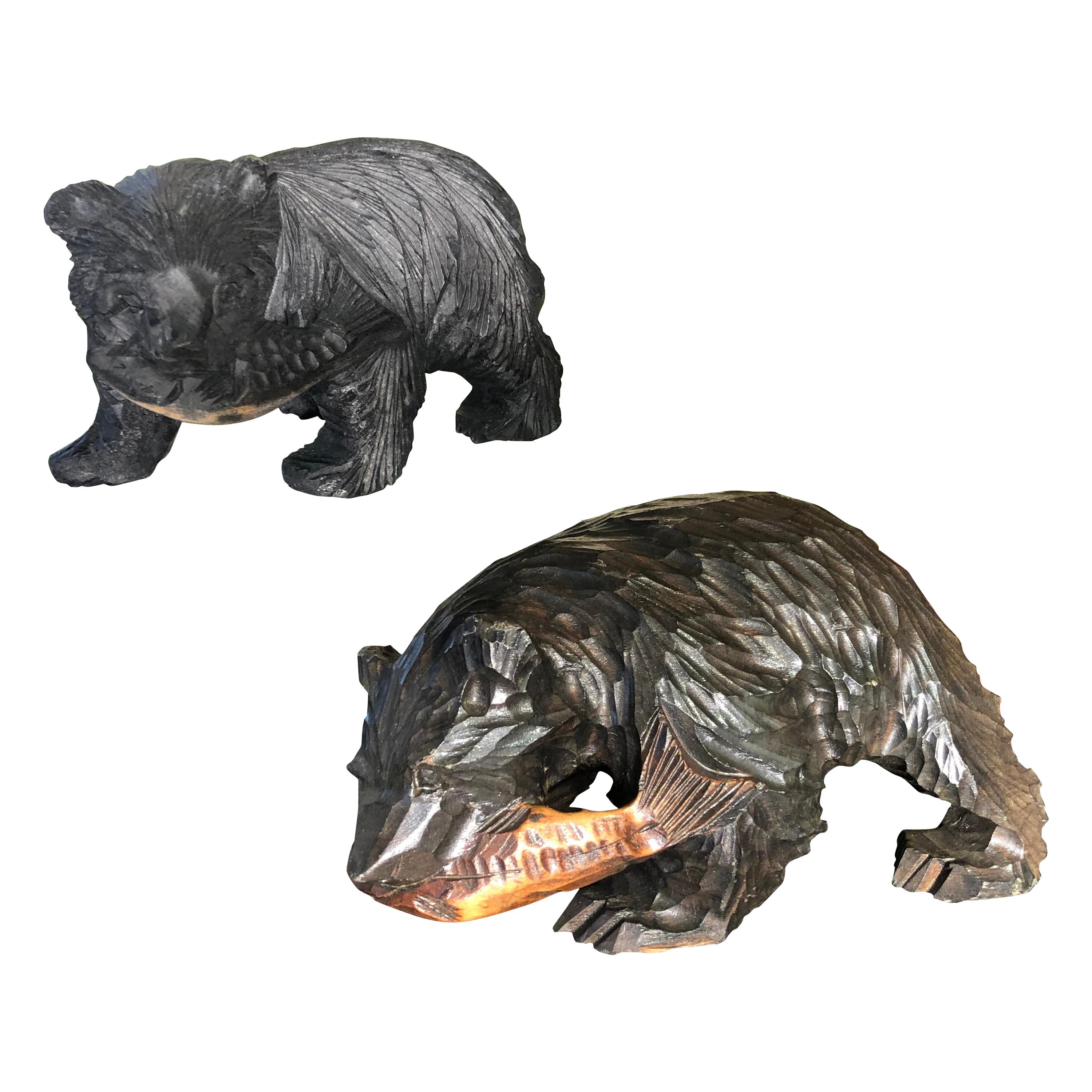 Japanese Pair Carved Bears and Salmon