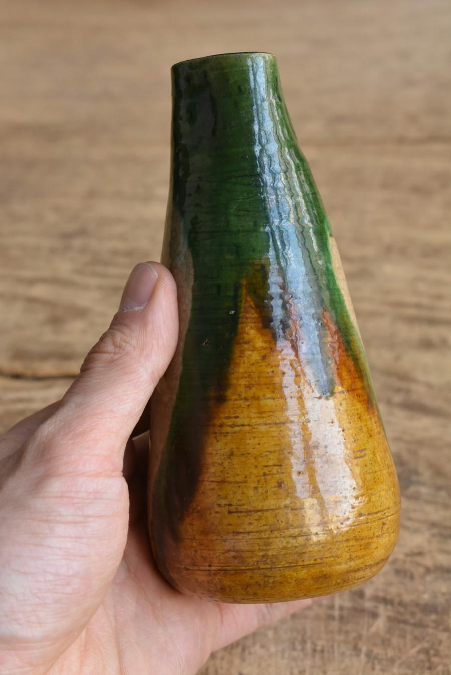 Glazed Japanese Beautiful Color Antique Pottery Sake Bottle / 1840-1900 / Small Vase