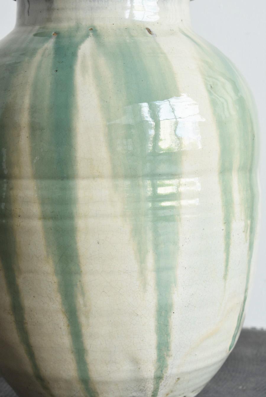 Japanese Beautiful Green Glaze Antique Pottery / 1800s / Edo to Meiji Period 10