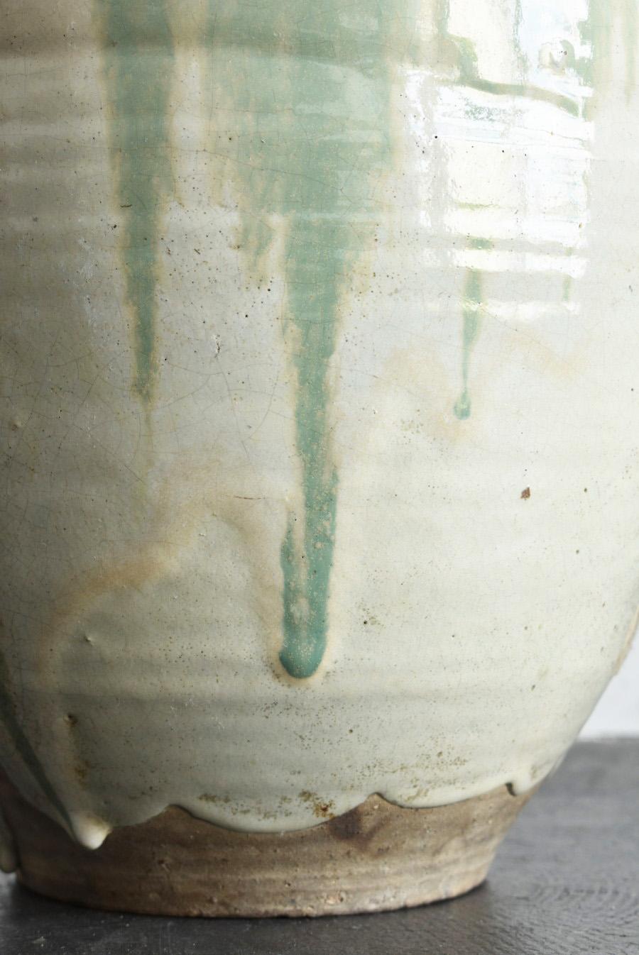 Japanese Beautiful Green Glaze Antique Pottery / 1800s / Edo to Meiji Period 11