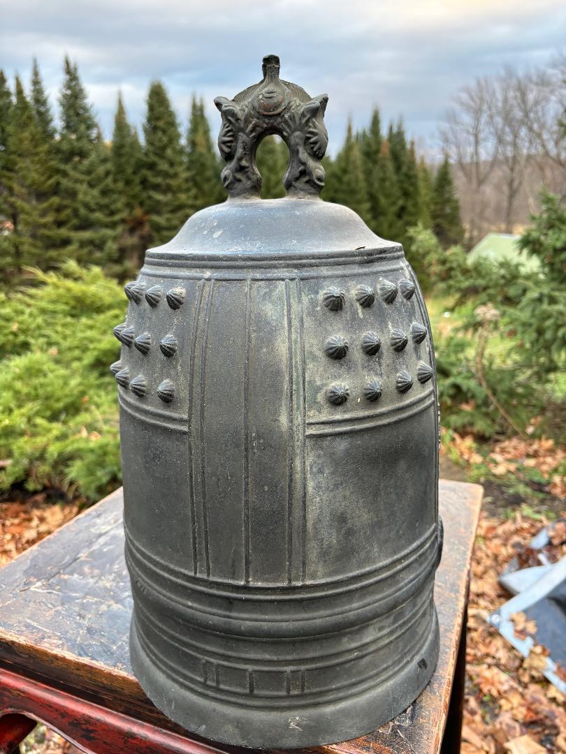 Japanese Beautiful Large Old Signed Blue Bronze Garden Temple Bell , 19